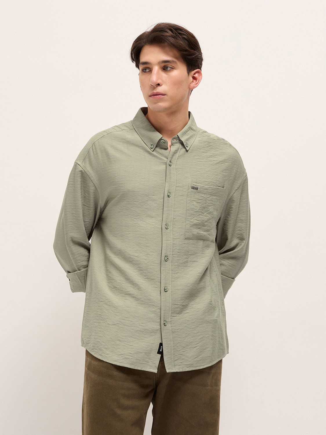 Image of THE BEAR HOUSE Men Self Design Casual Dark Green Shirt