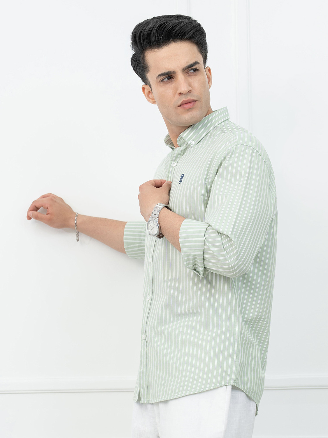 Image of RED TAPE Men Striped Casual Green Shirt