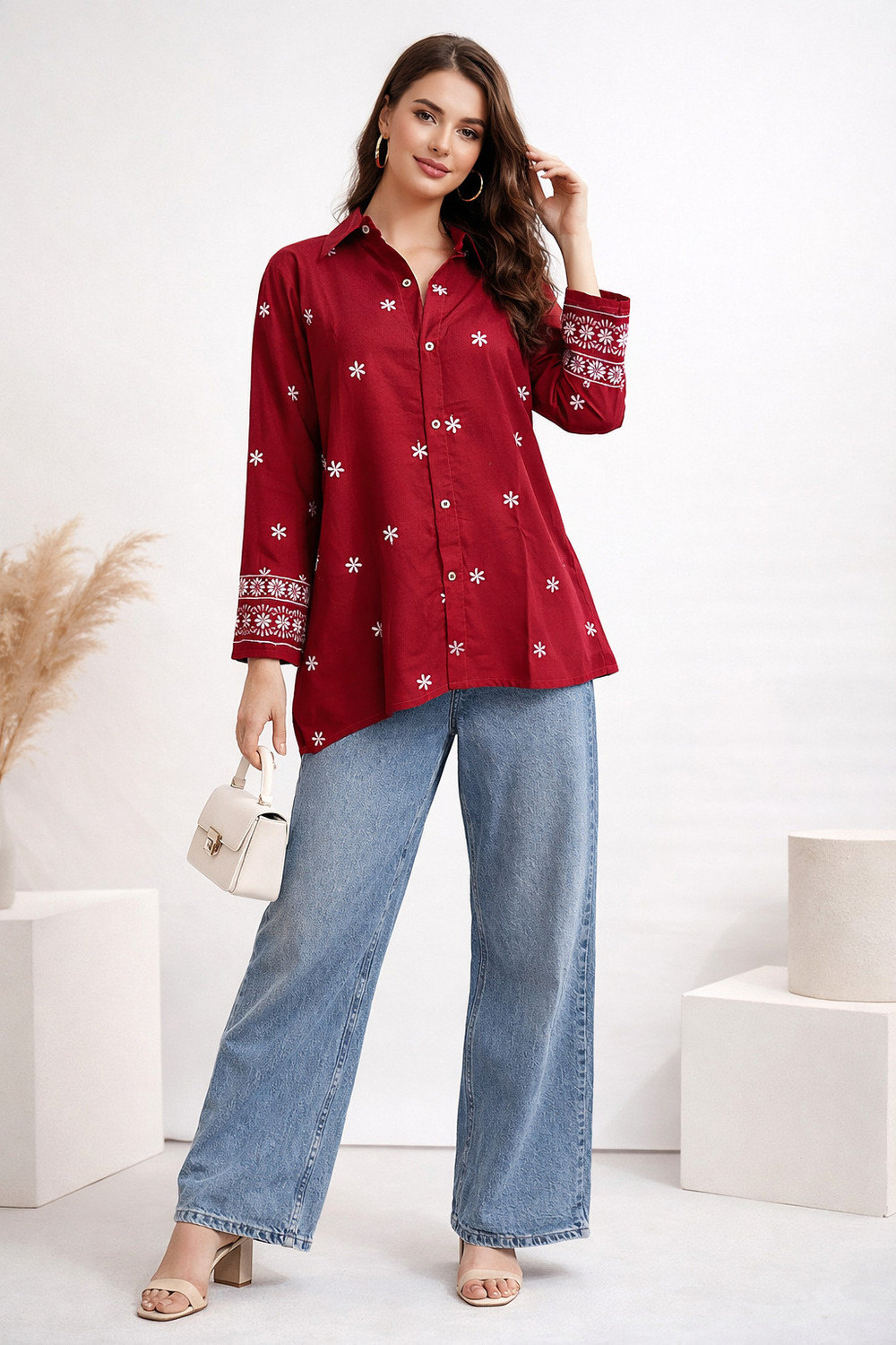 Image of Tzelynn Women Solid, Embroidered Casual Red Shirt