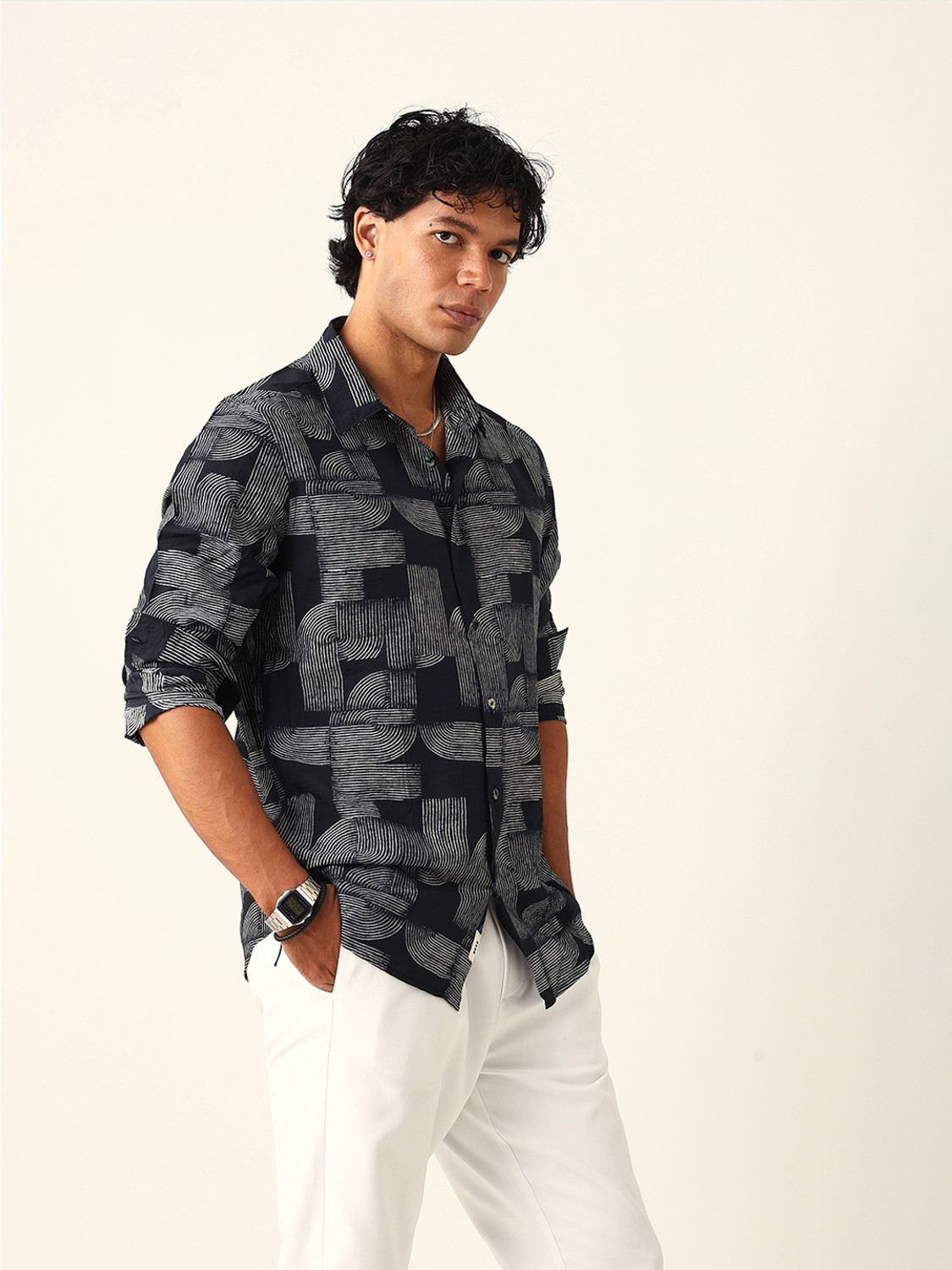 Image of THE BEAR HOUSE Men Self Design Casual Black Shirt