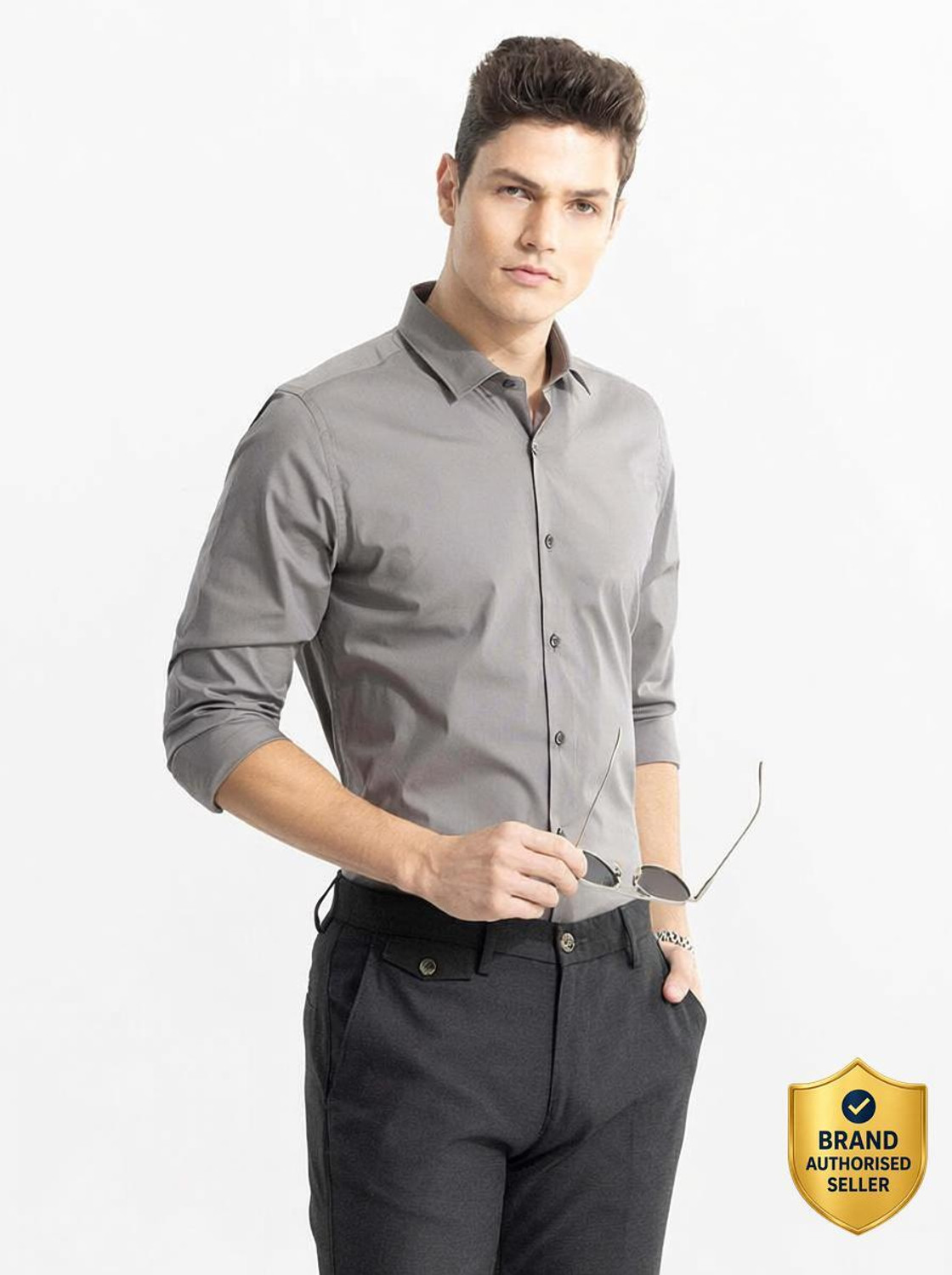 Image of Snitch Men Solid Casual Grey Shirt