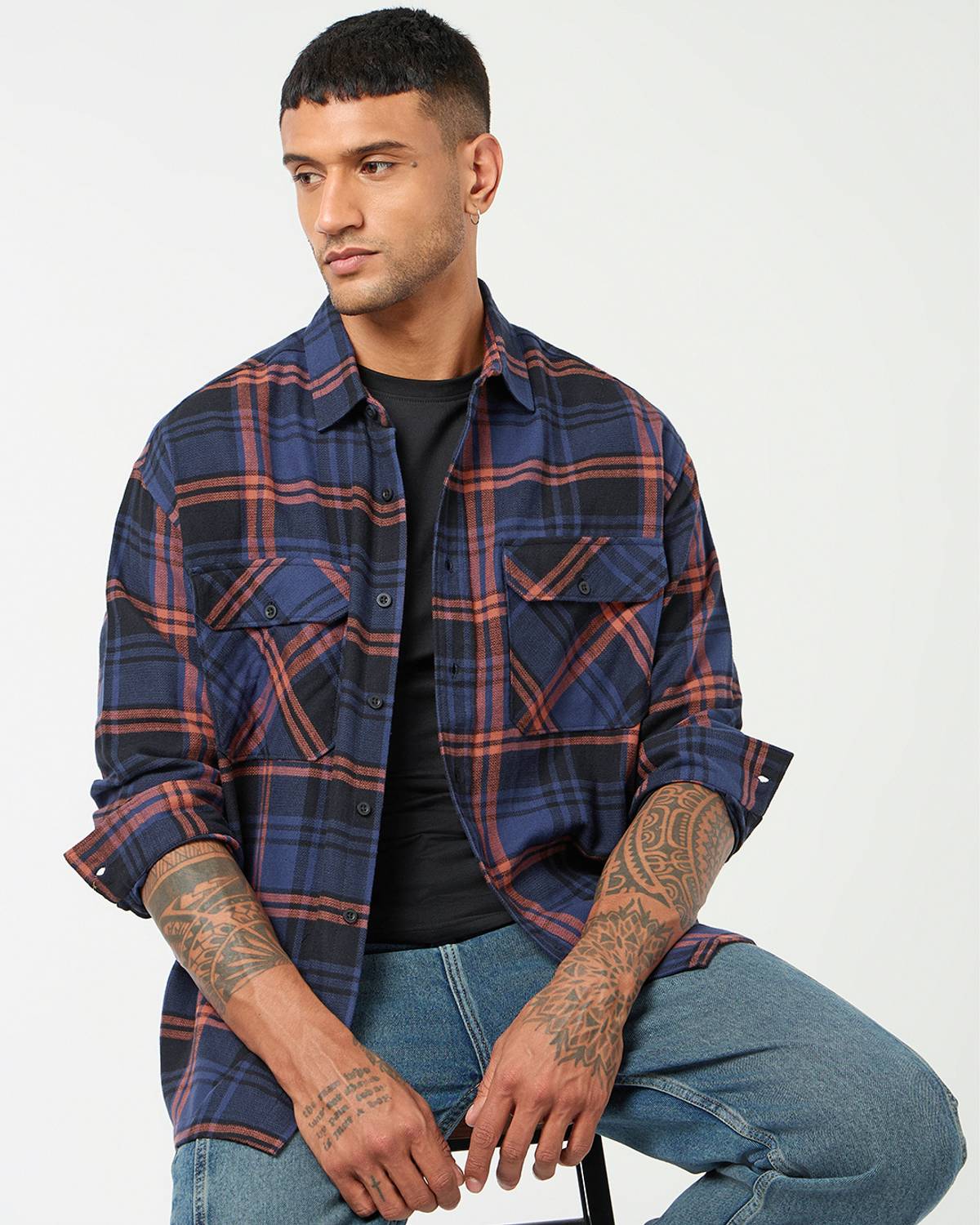 BEWAKOOF Men Checkered Casual Blue Shirt
