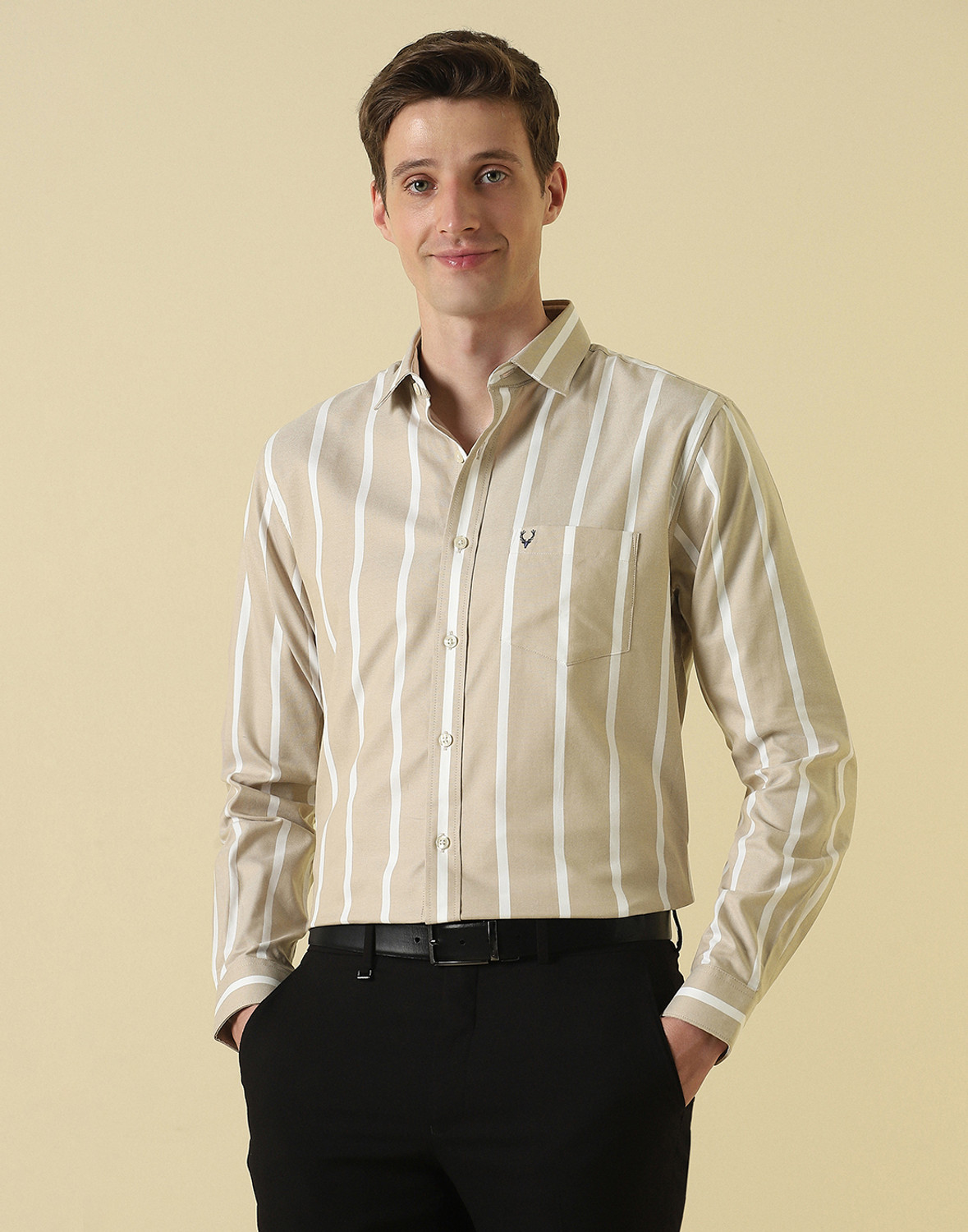 Image of Allen Solly Men Striped Casual Beige Shirt