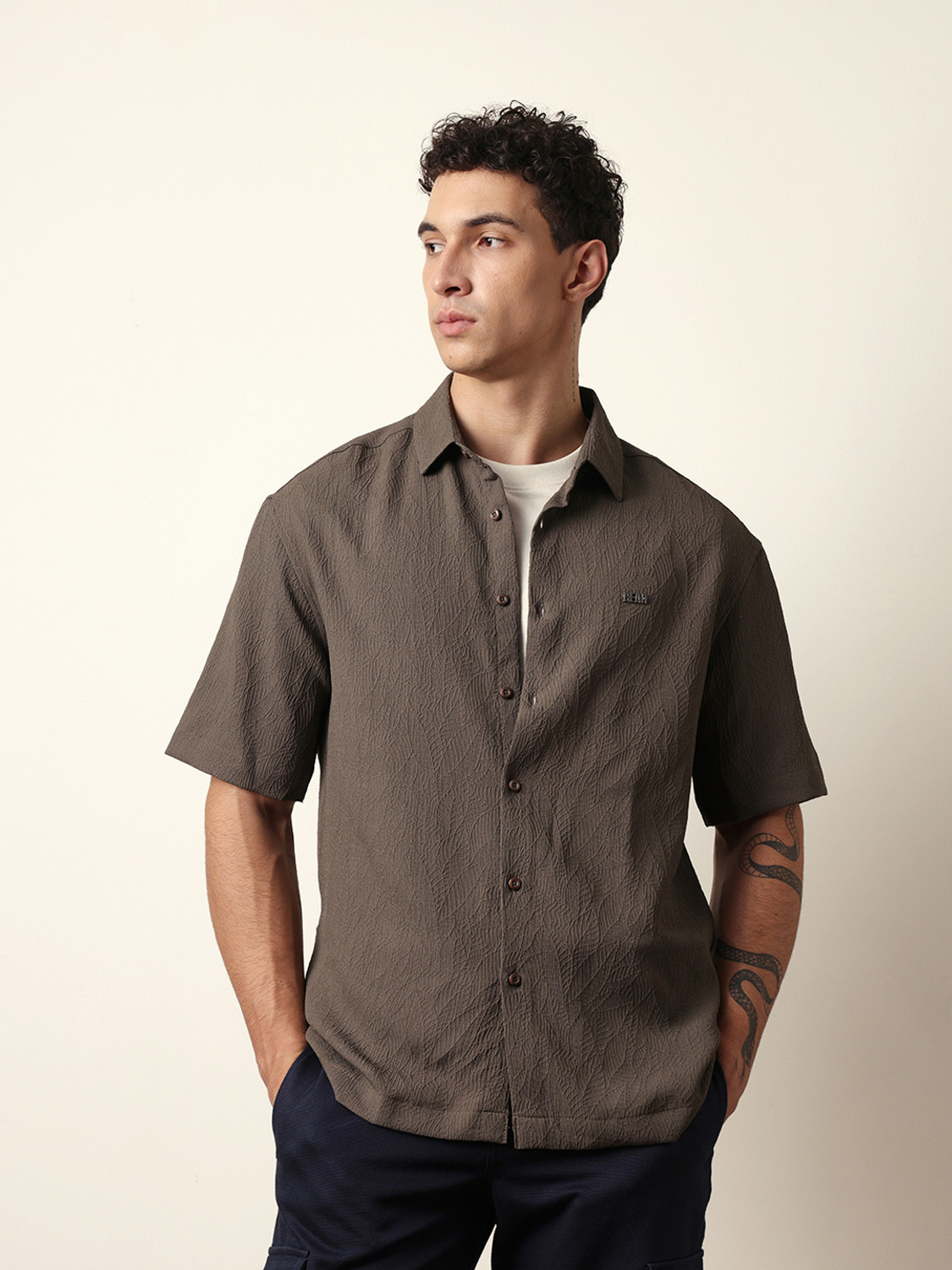 Image of THE BEAR HOUSE Men Self Design Casual Green Shirt