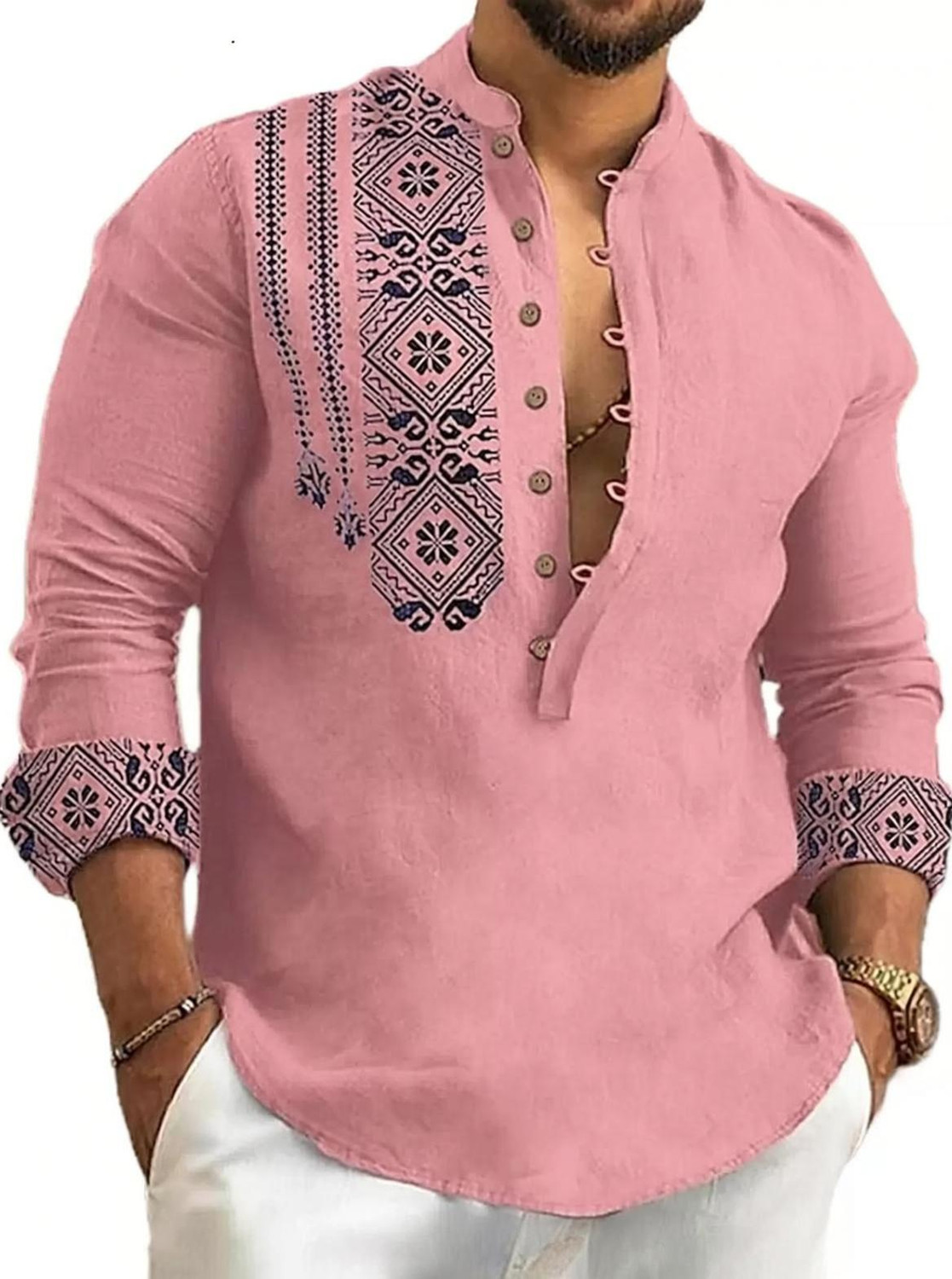 Image of DEEMOON Men Printed Casual Pink Shirt