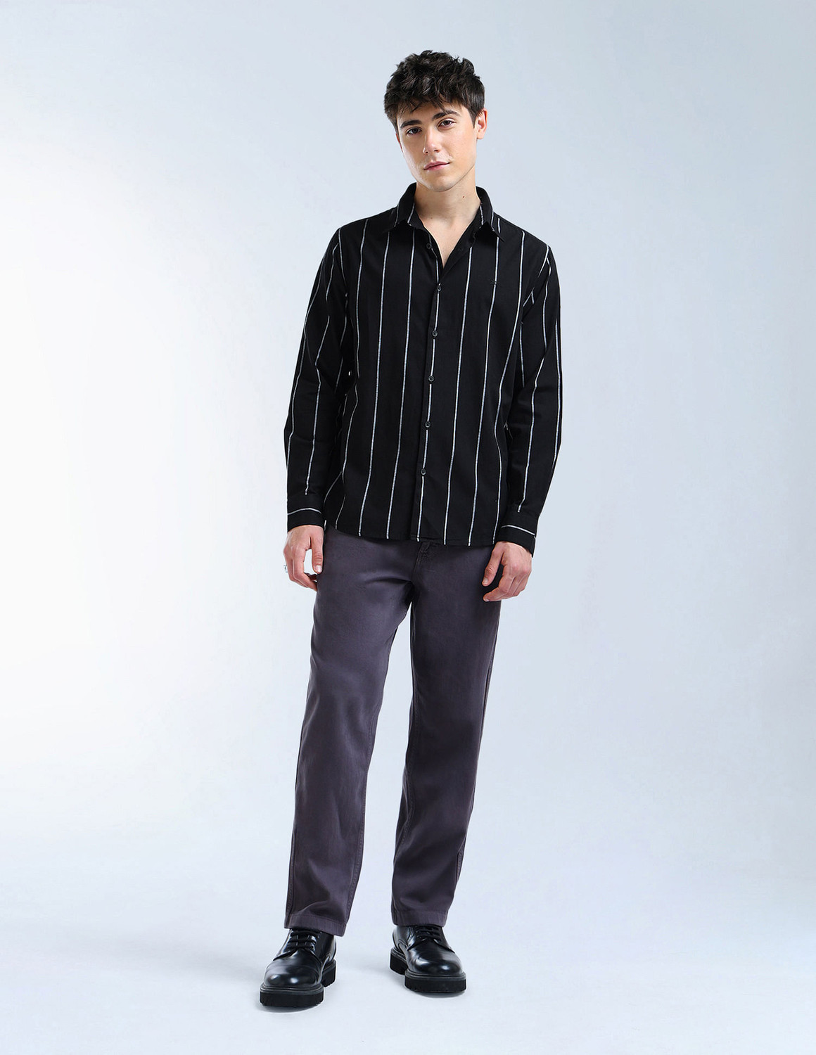 Image of FLYING MACHINE Men Striped Casual Black Shirt