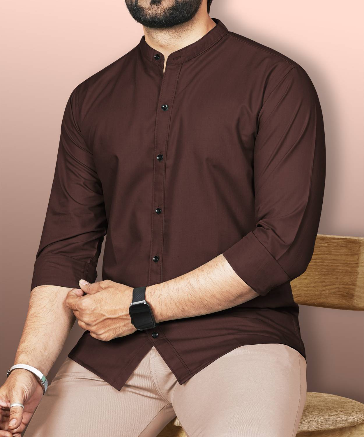 VeBNoR Men Regular Fit Solid Mandarin Collar Casual Shirt