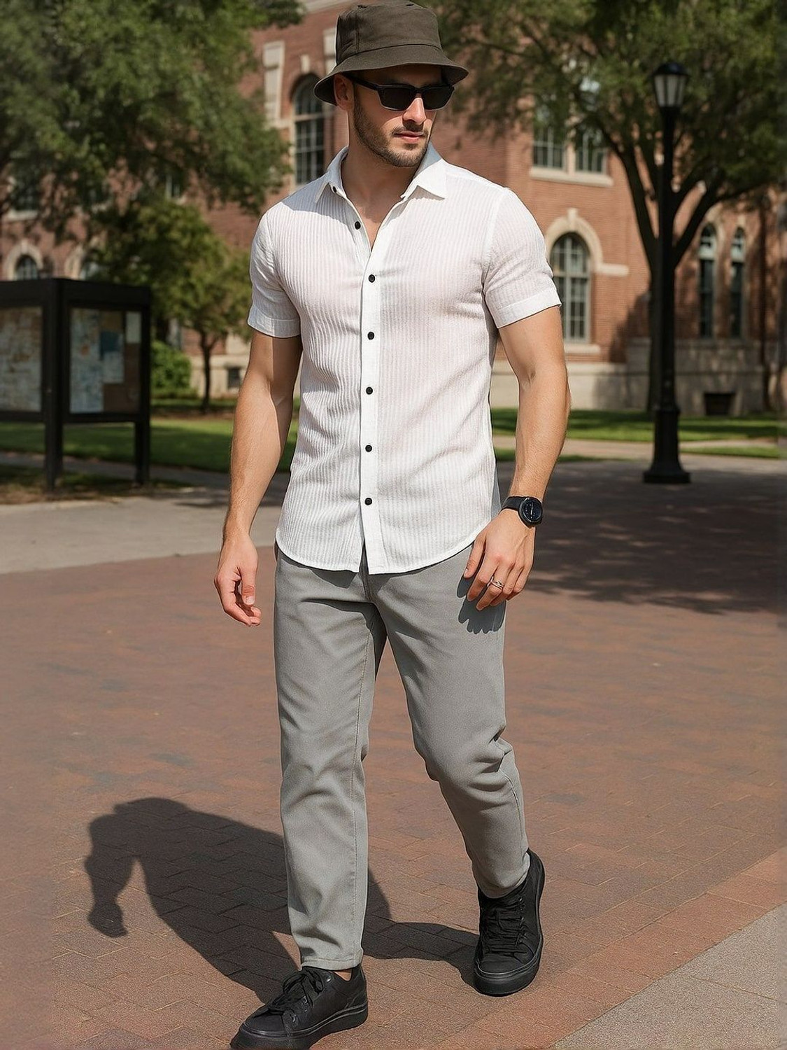 Image of HERE&NOW Men Striped Casual White Shirt