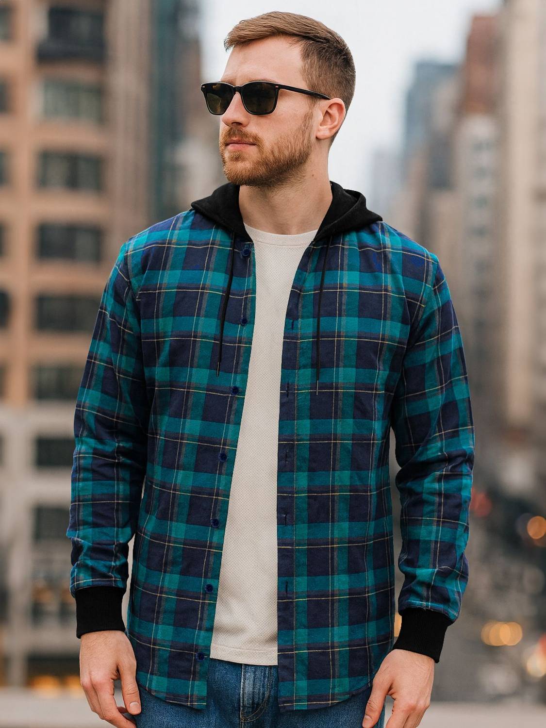 EyeBogler Men Regular Fit Checkered Hood Collar Casual Shirt