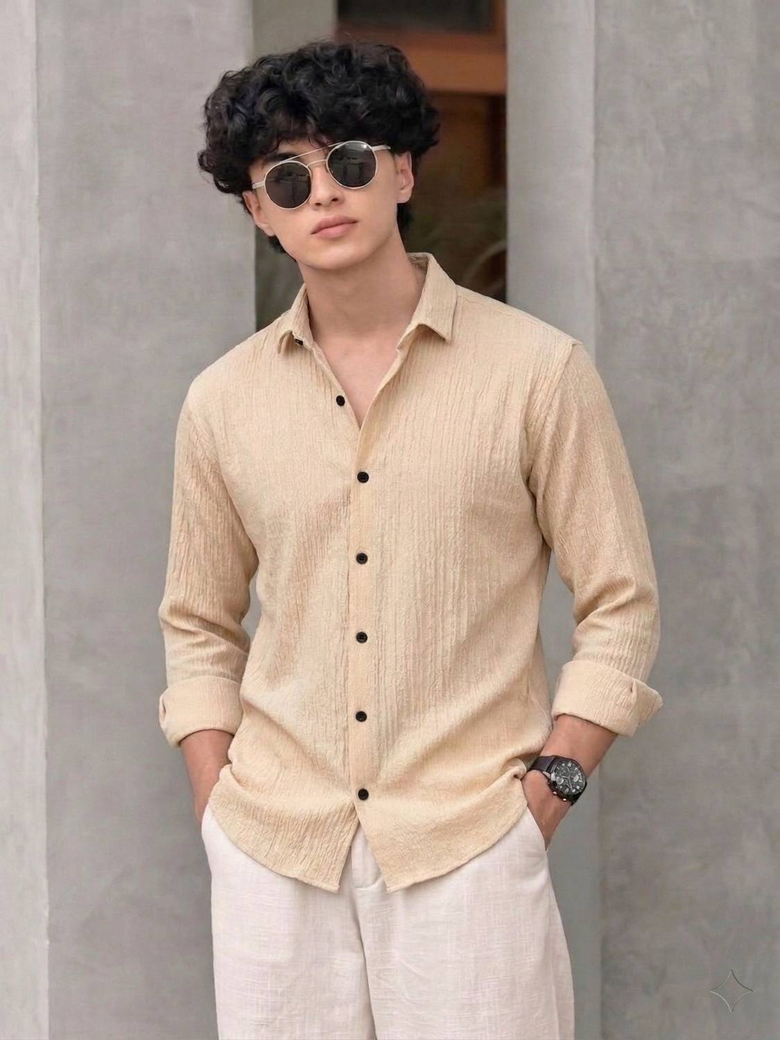 METRONAUT Men Striped Casual Cream Shirt - Image 1