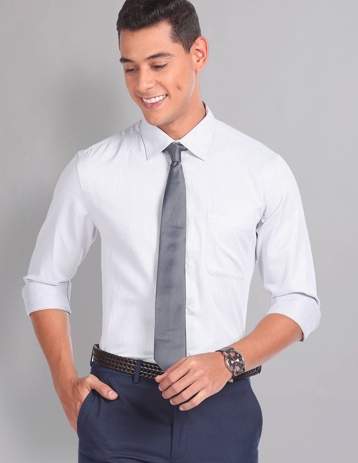 AD by Arvind Men Checkered Formal White, Purple Shirt