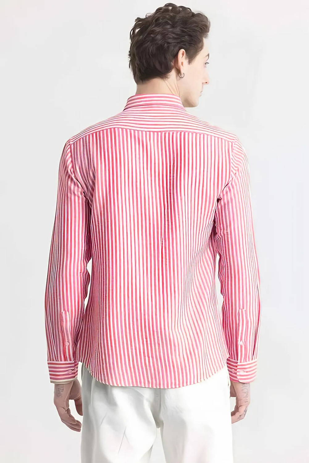 Image of FalconWear Men Striped Casual Pink, White Shirt