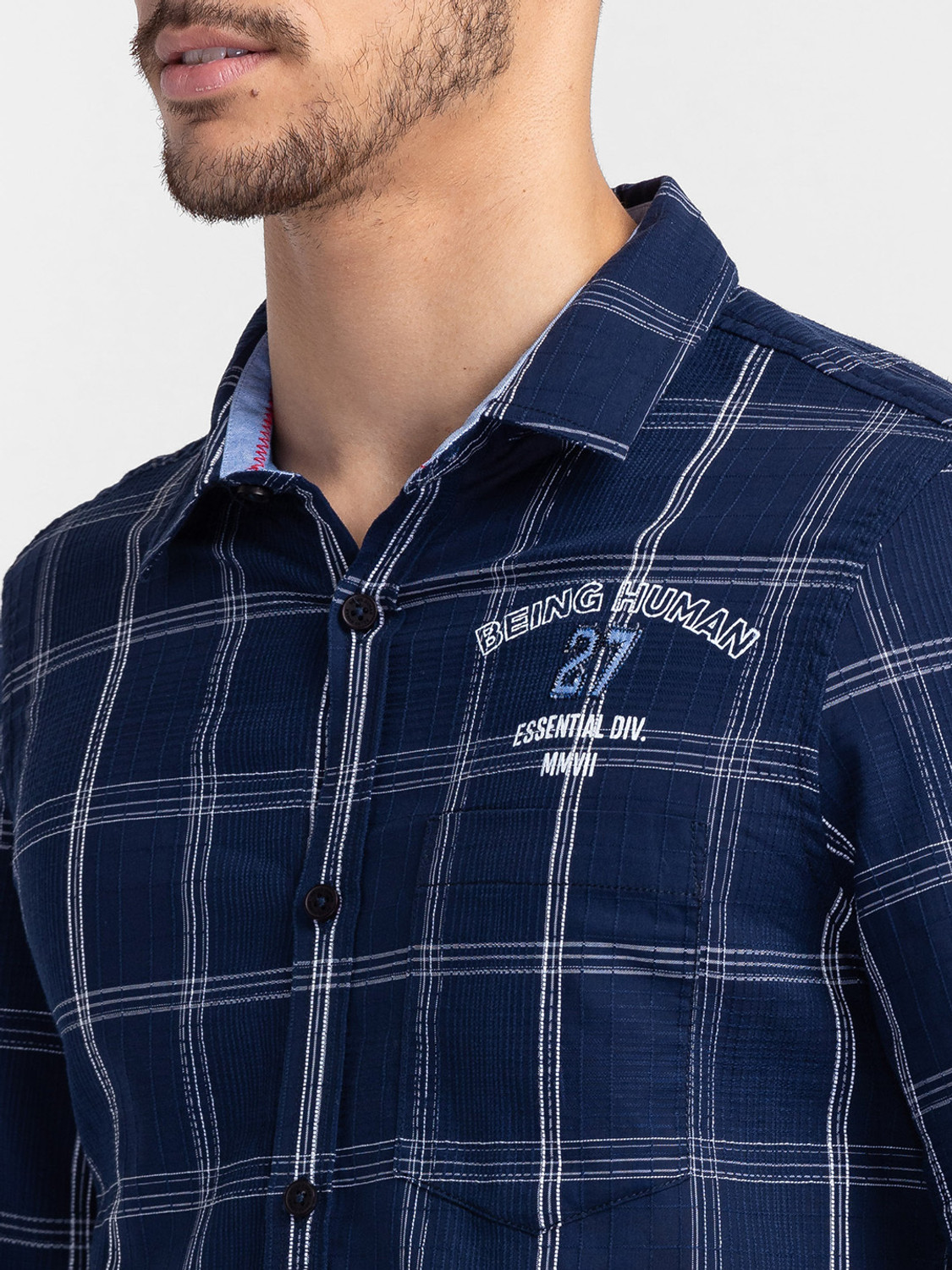 Image of BEING HUMAN Men Checkered Casual Dark Blue Shirt