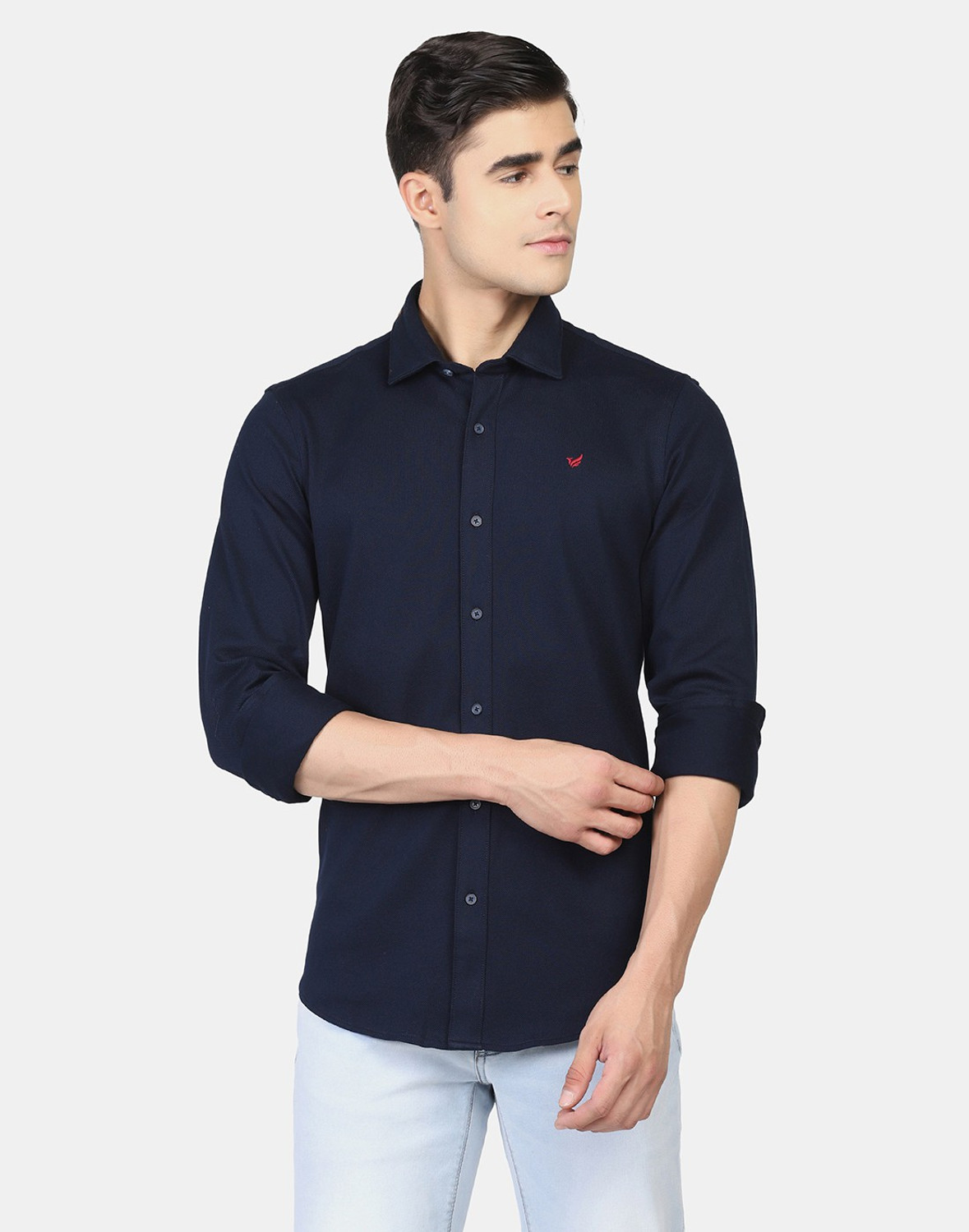 Image of Blackberrys Men Solid Casual Blue Shirt