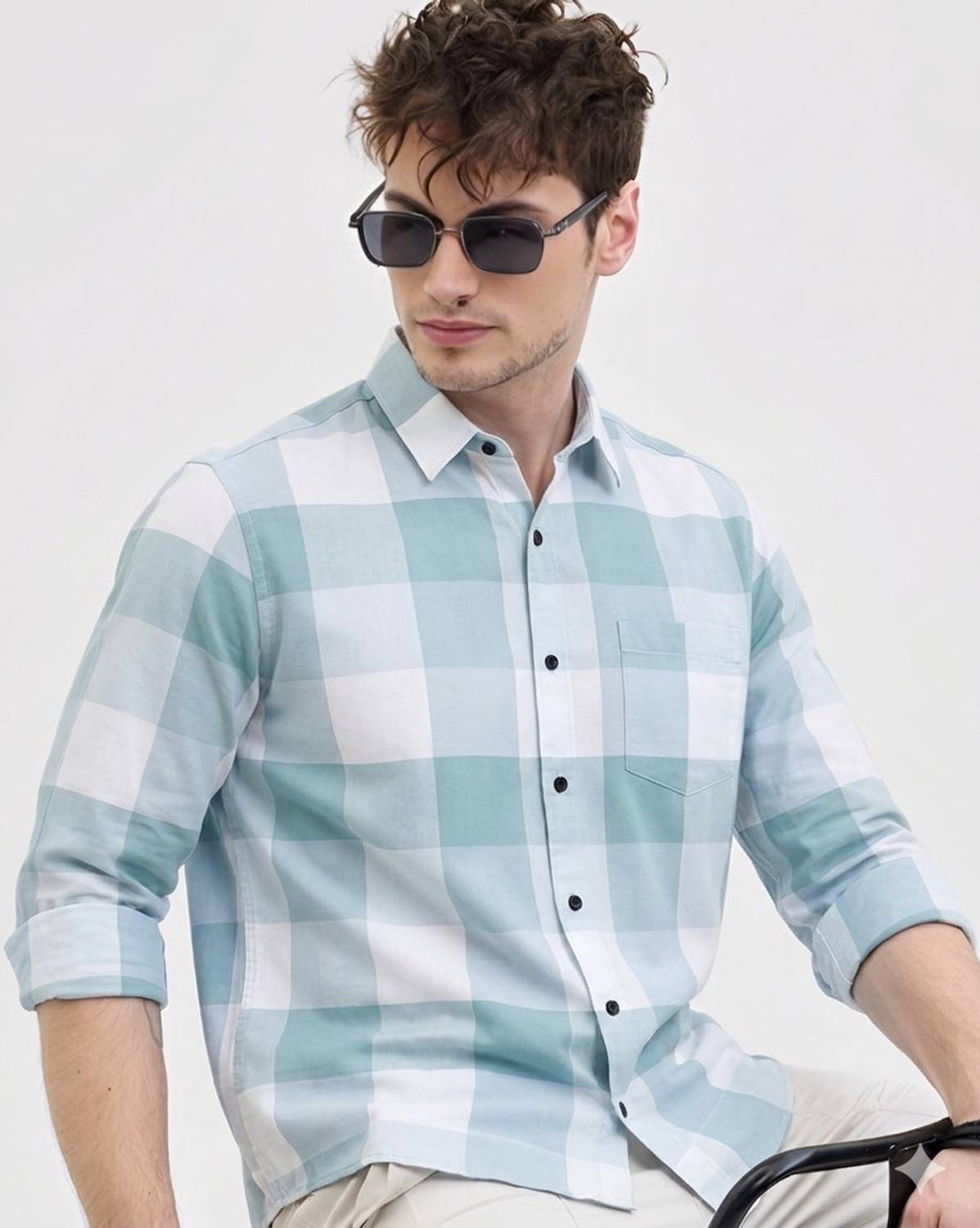 DM FASHION Men Checkered Casual White, Light Blue Shirt - Image 4