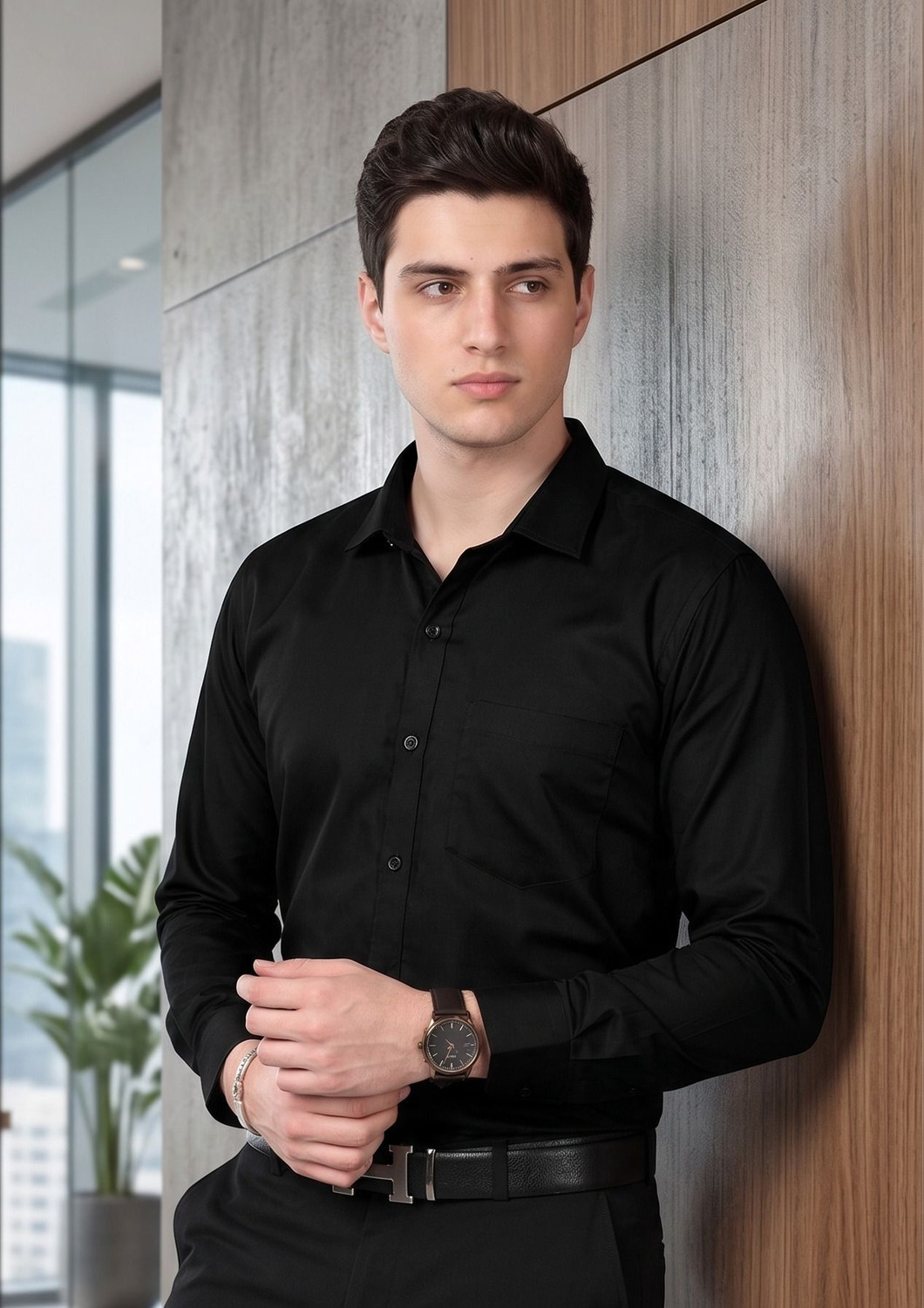 Image of FIBERMILL Men Solid Formal Black Shirt