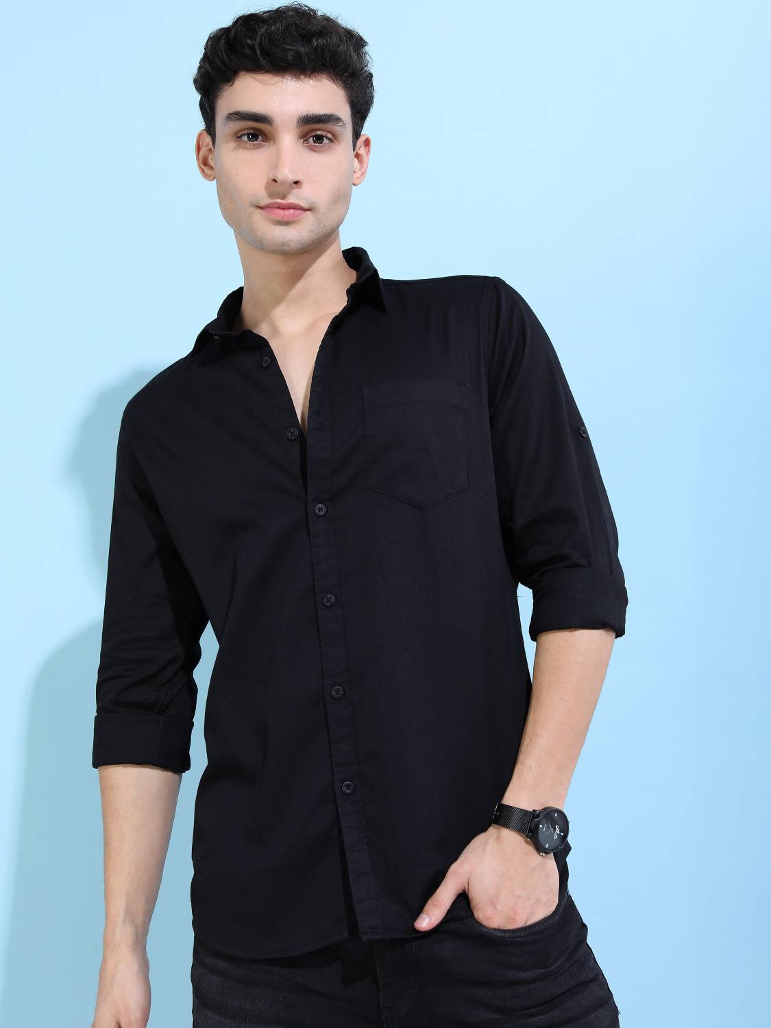 HIGHLANDER Men Slim Fit Solid Mandarin Collar Casual Shirt