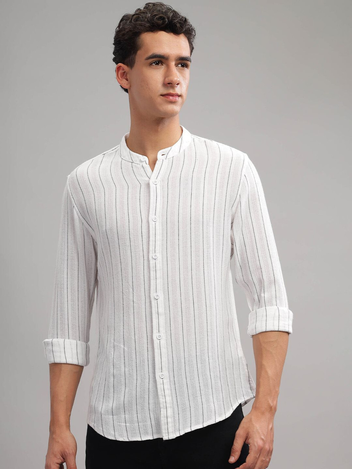 Image of HERE&NOW Men Striped Casual White Shirt