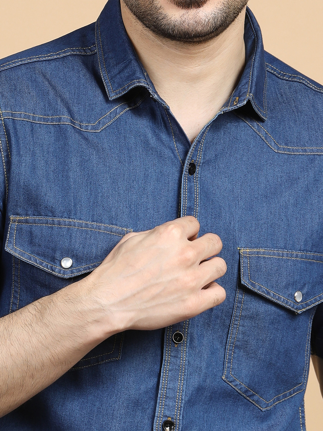 Image of GRANDSTITCH Men Washed Casual Light Blue Shirt