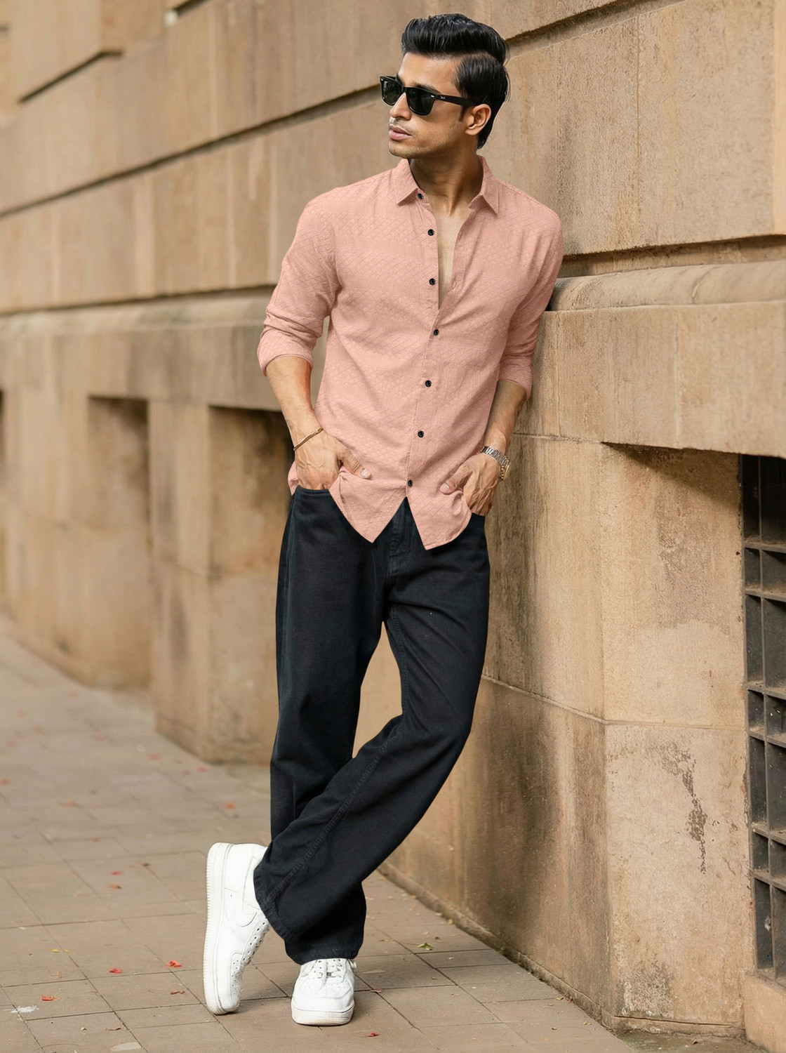 Image of Voroxy Men Self Design Casual Pink Shirt