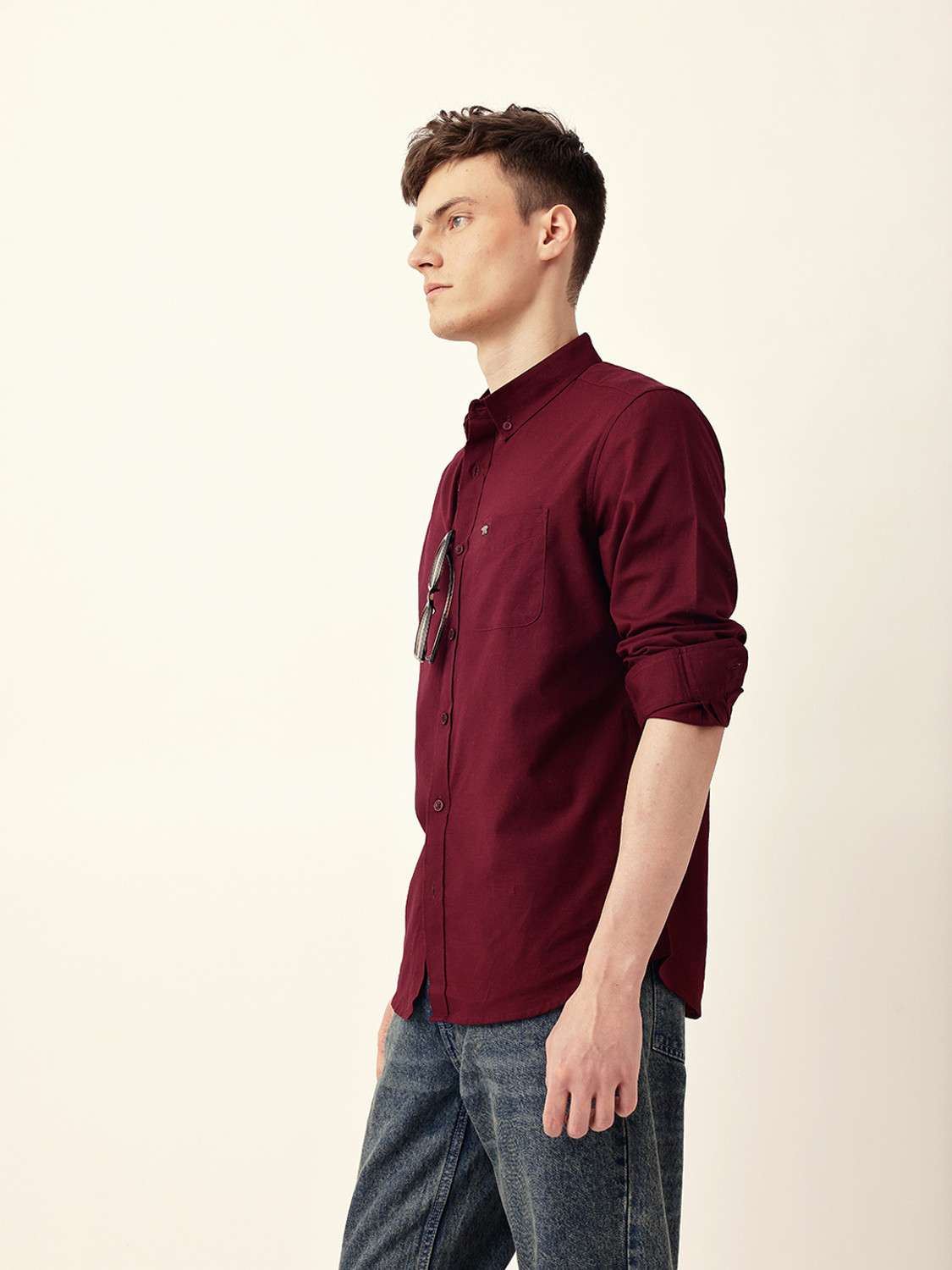 Image of THE BEAR HOUSE Men Solid Casual Maroon Shirt