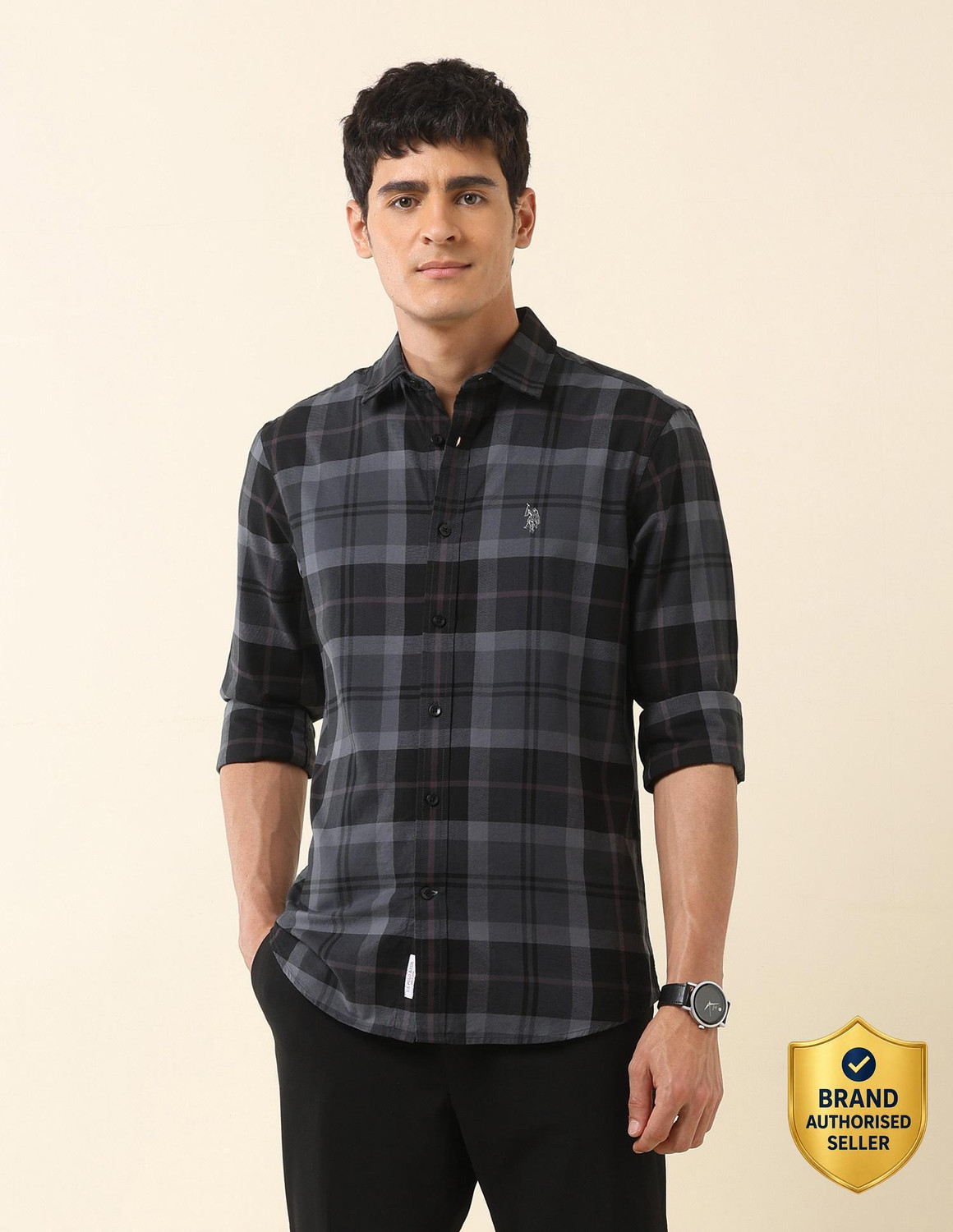 Image of U.S. POLO ASSN. Men Checkered Casual Grey Shirt