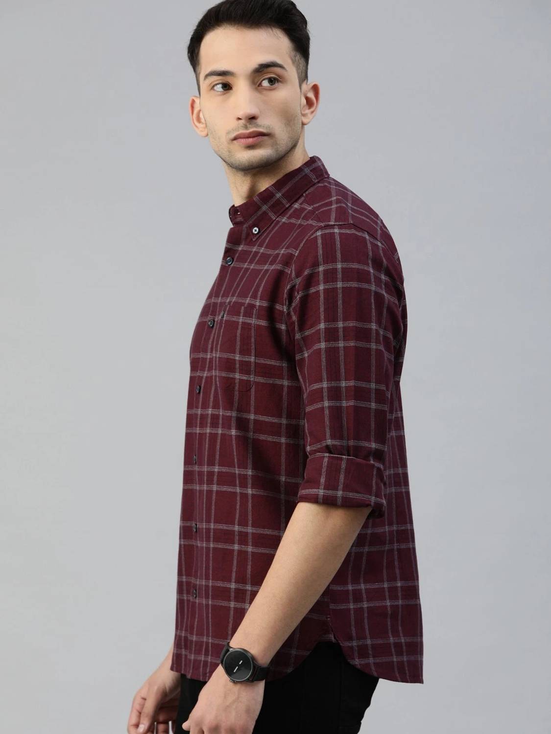 THE BEAR HOUSE Men's Checkered Casual Maroon Shirt - Image 3