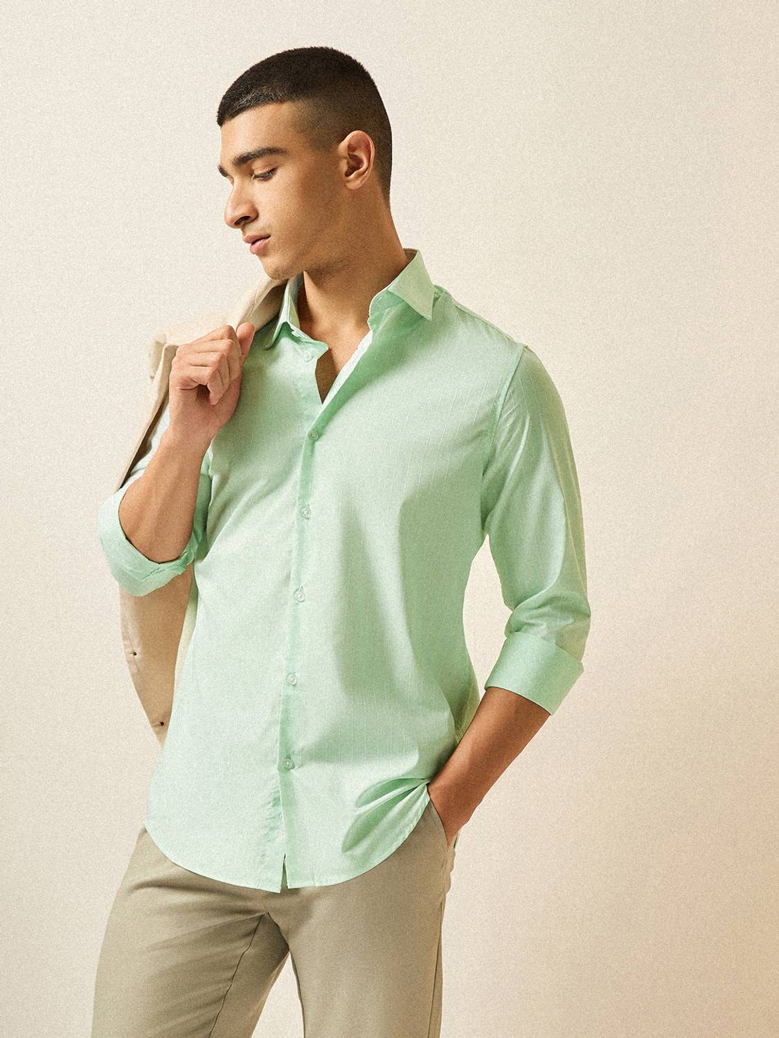 THE BEAR HOUSE Men Striped Casual Green Shirt
