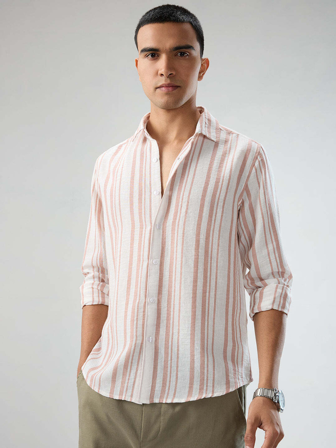 Image of VASTRADO Men Regular Fit Striped Cut Away Collar Casual Shirt