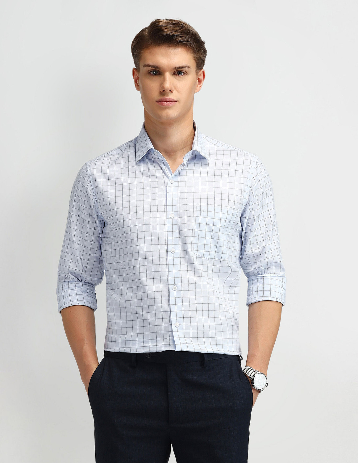 Image of ARROW Men Checkered Formal Blue Shirt