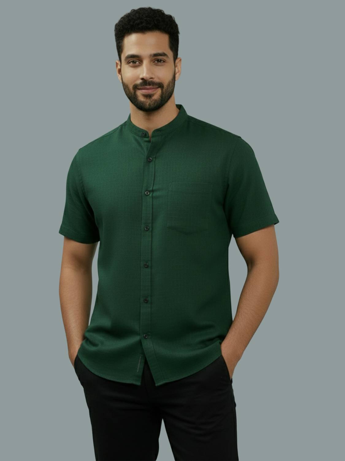 indirae Men Solid Casual Dark Green Shirt