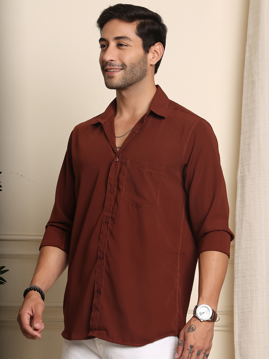 Image of PROVOGUE Men Regular Fit Solid Spread Collar Formal Shirt