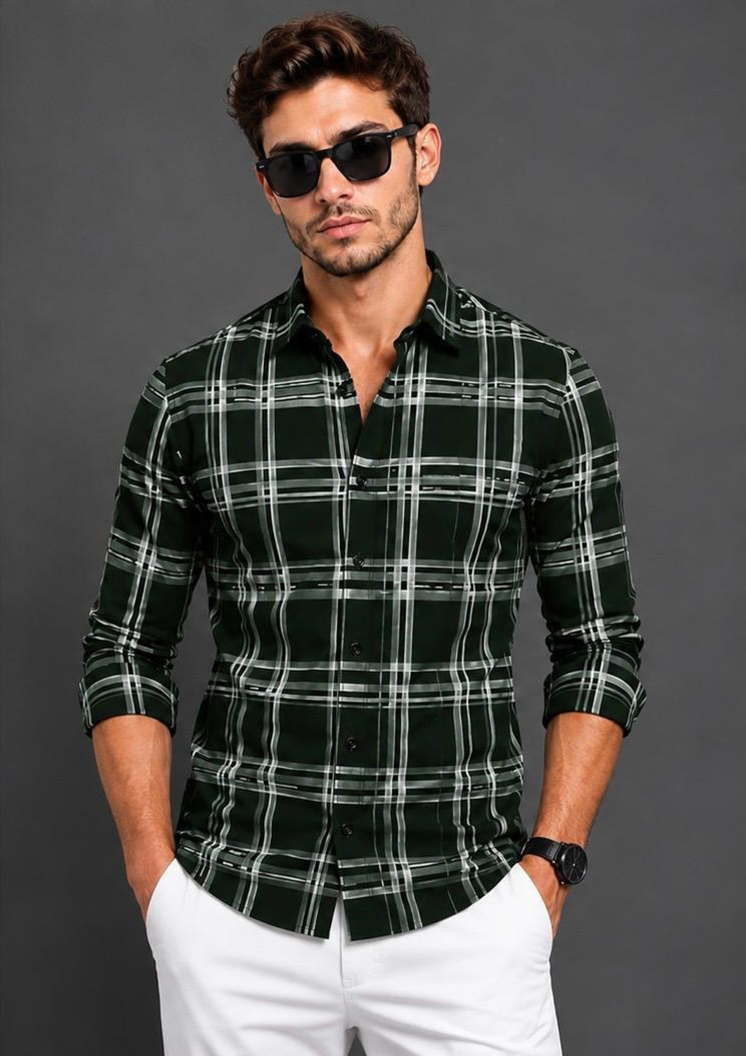 Image of RadhiFaishon Men Checkered Formal Dark Green Shirt