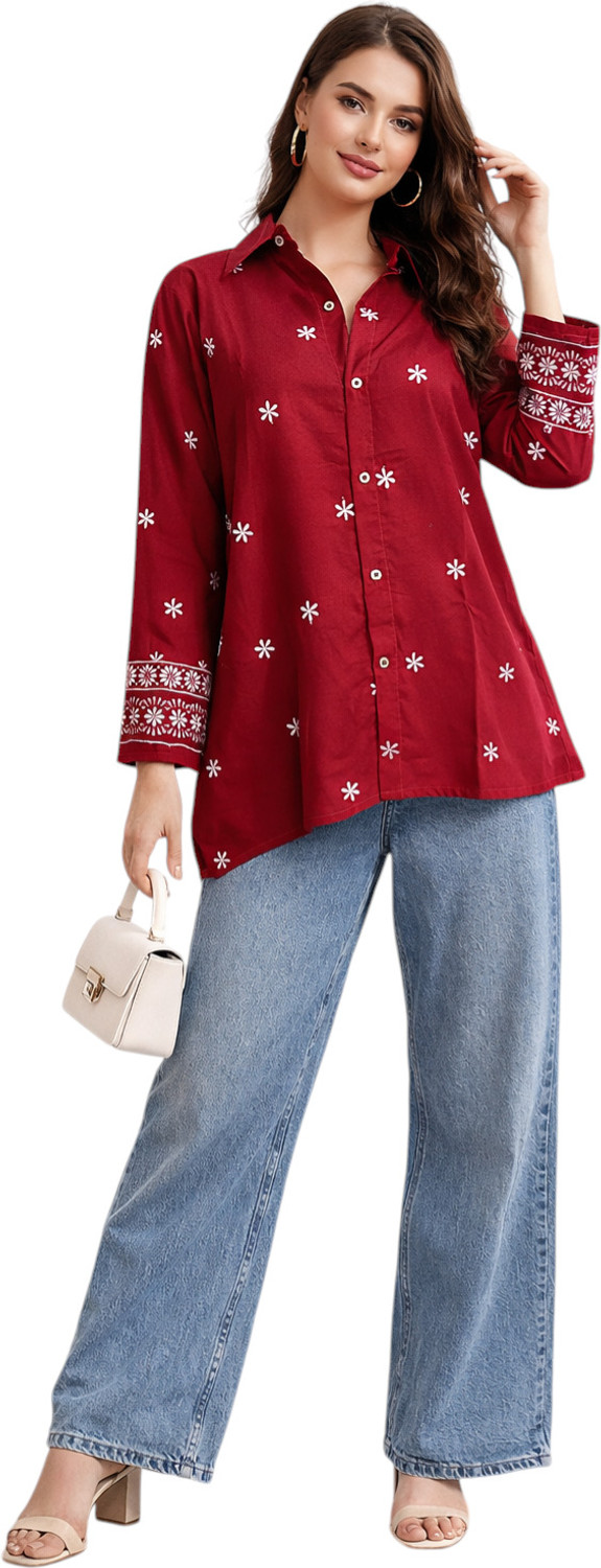 Image of Tzelynn Women Solid, Embroidered Casual Red Shirt