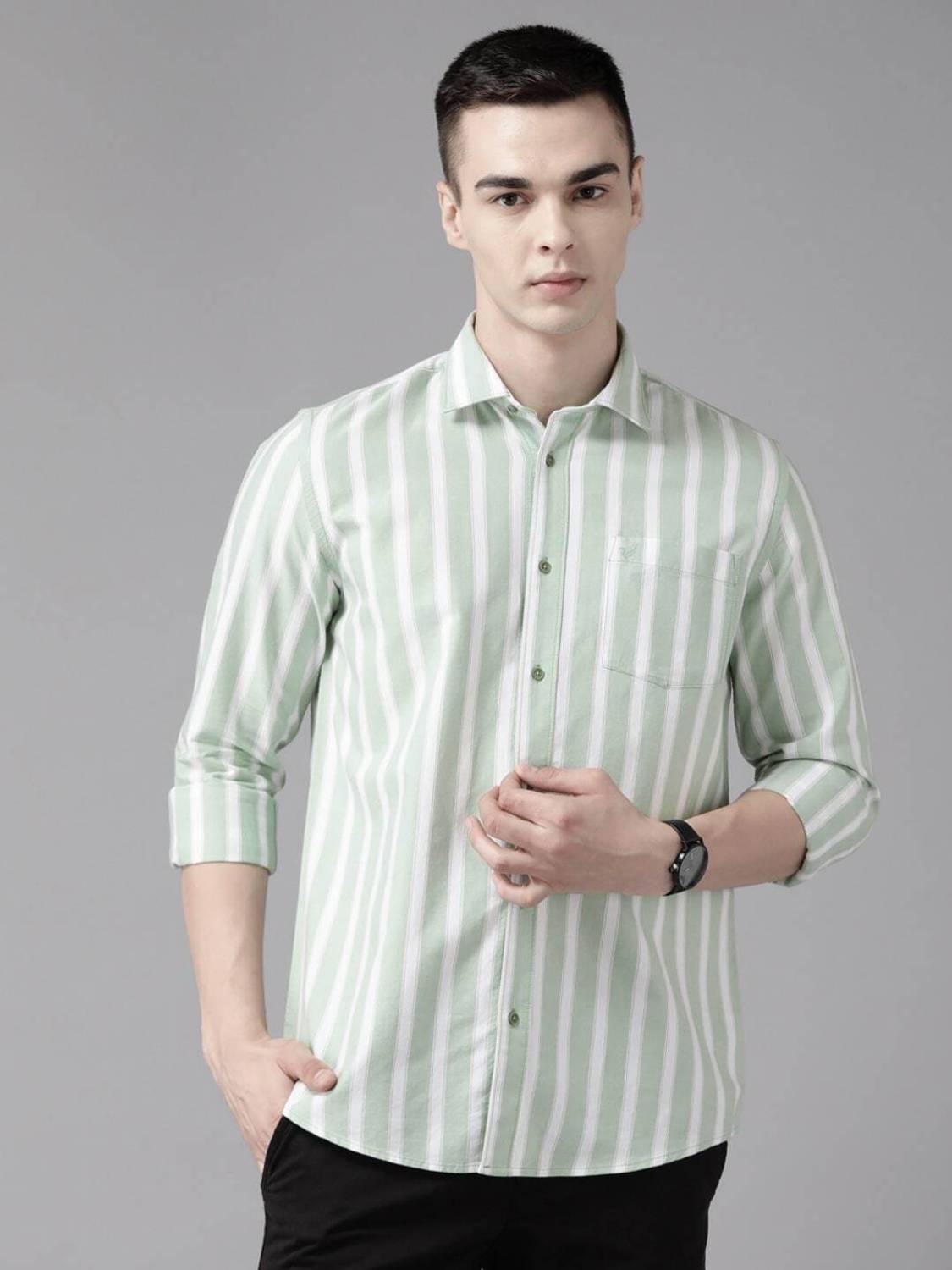 Blackberrys Men Striped Casual Green Shirt