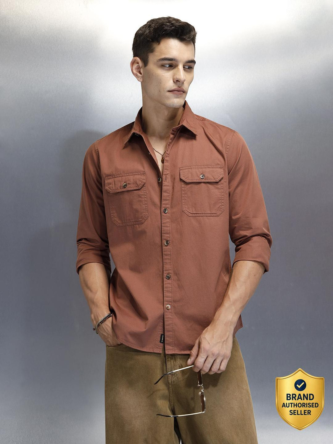 WROGN Men Solid Casual Brown Shirt