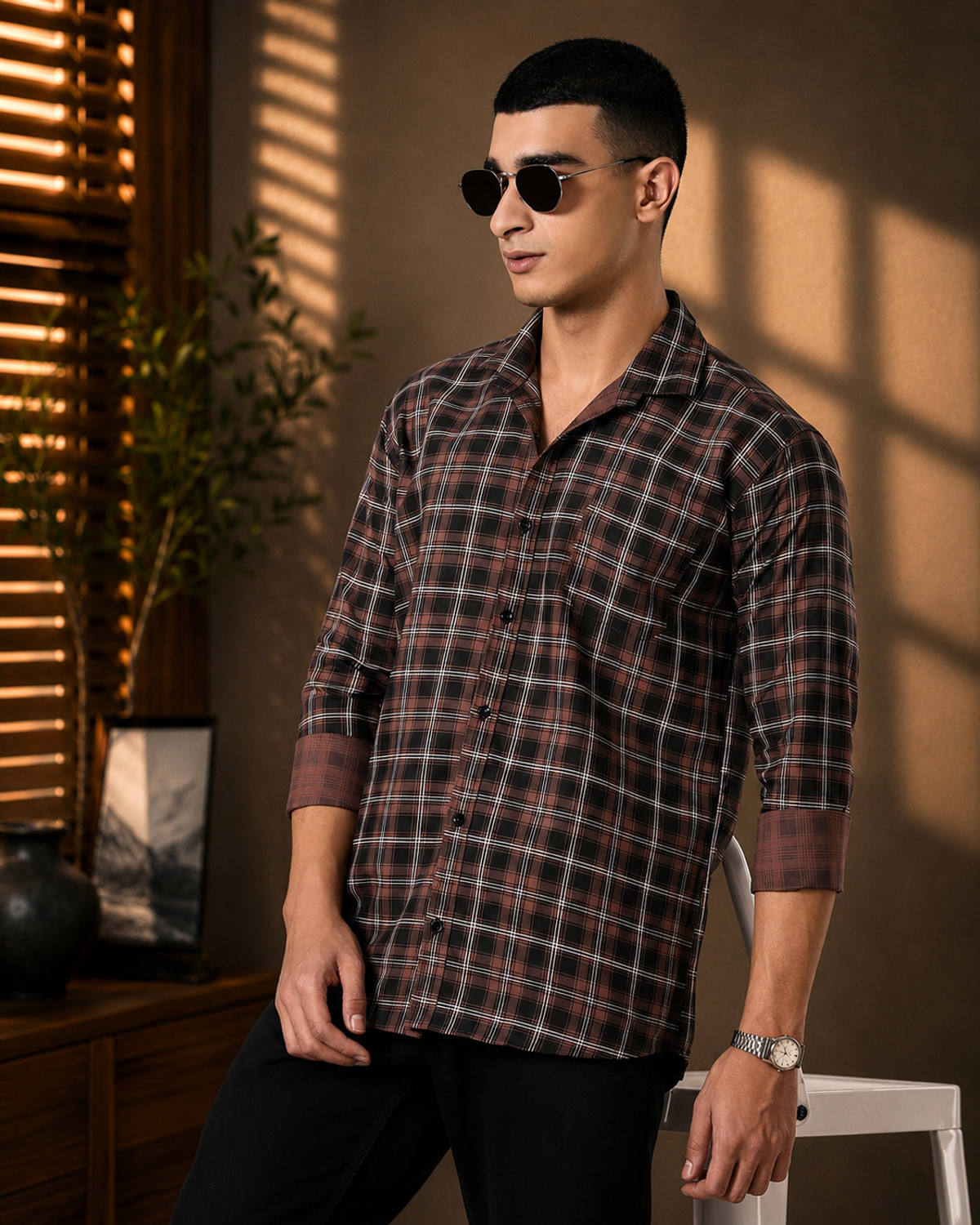 Image of HKV FASHION Men Regular Fit Checkered Spread Collar Casual Shirt