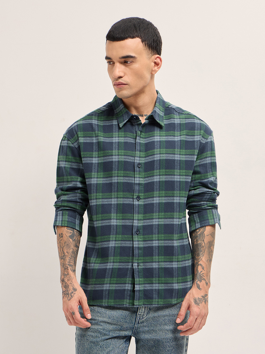 Image of THE BEAR HOUSE Men Checkered Casual Blue Shirt