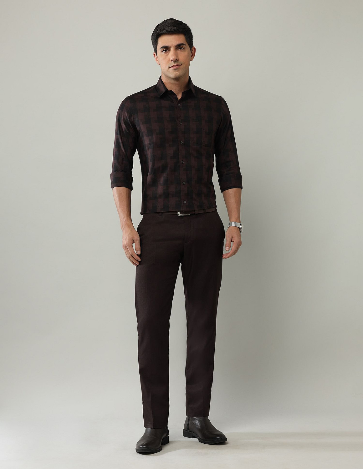 Image of ARROW Men Checkered Formal Brown Shirt