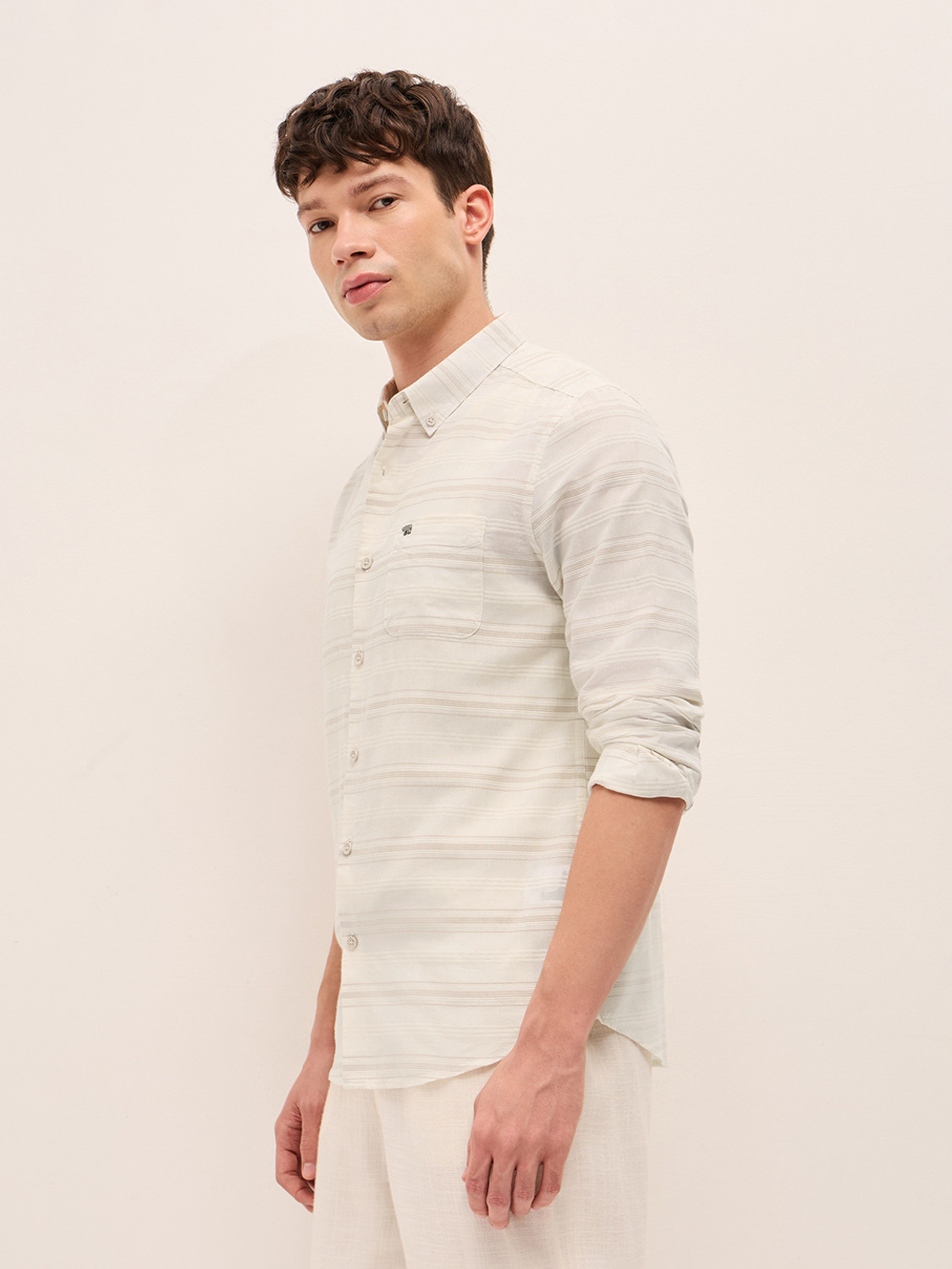 Image of THE BEAR HOUSE Men Striped Casual Beige Shirt