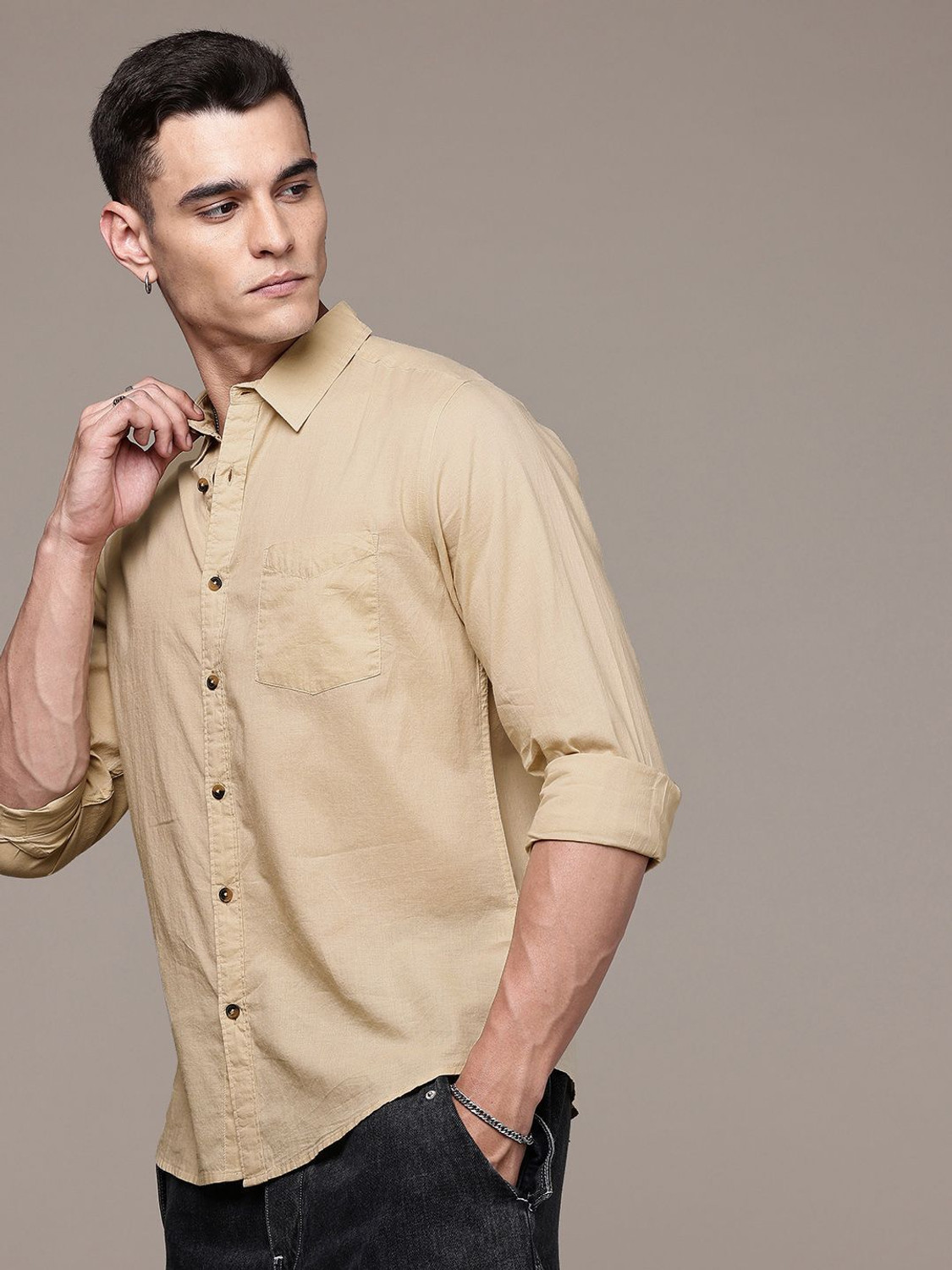 Image of Roadster Men Solid Casual Beige Shirt