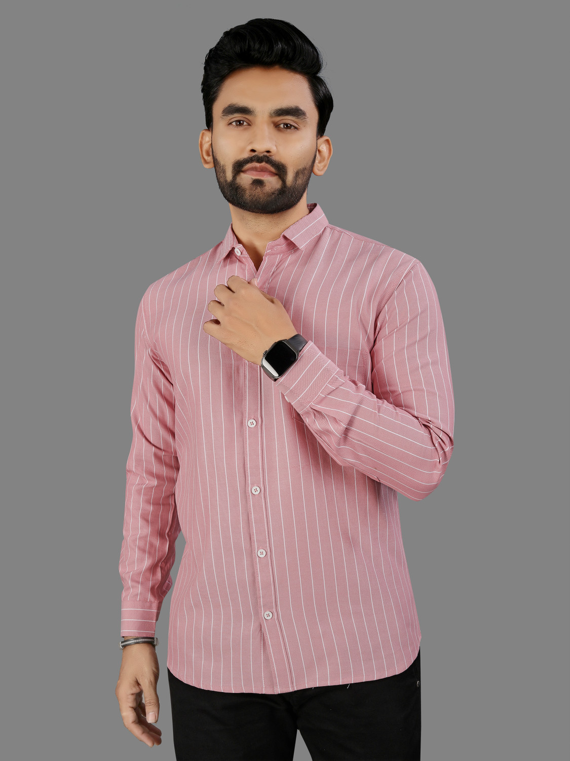 Image of MILDIN Men Striped Formal Pink Shirt