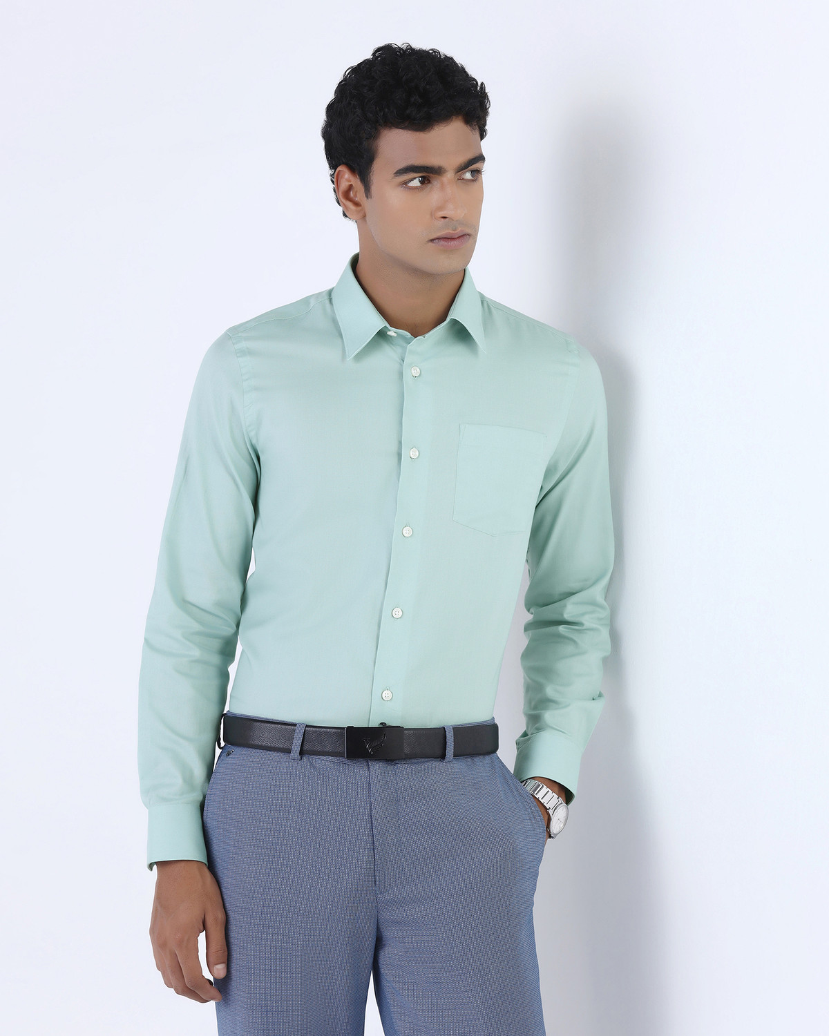 Image of Blackberrys Men Solid Formal Green Shirt