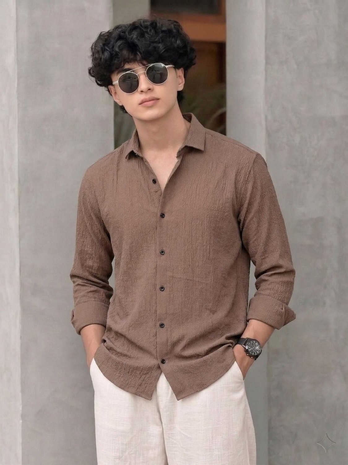 Image of METRONAUT Men Striped Casual Brown Shirt