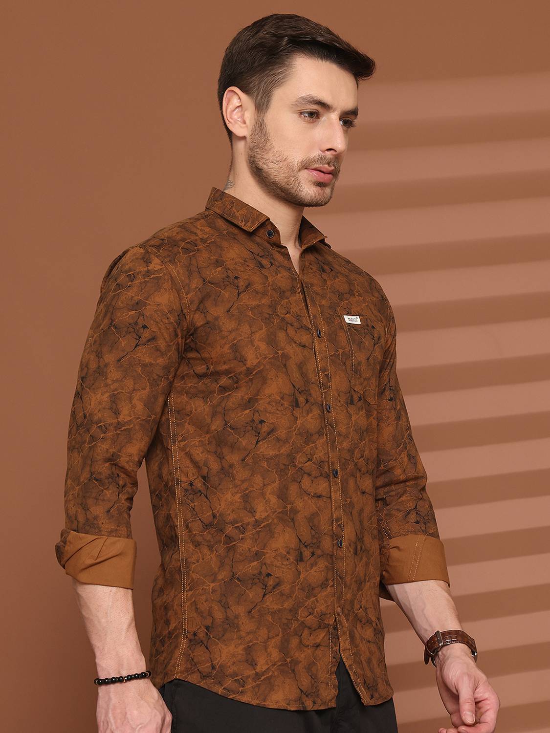 Majestic Man Men Printed Casual Brown Shirt - Image 3
