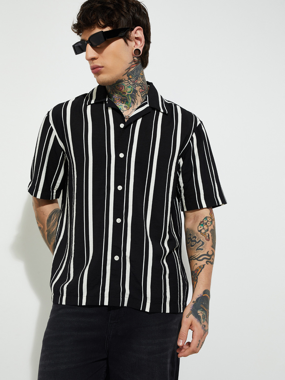 Image of MAX Men Striped Casual Black Shirt