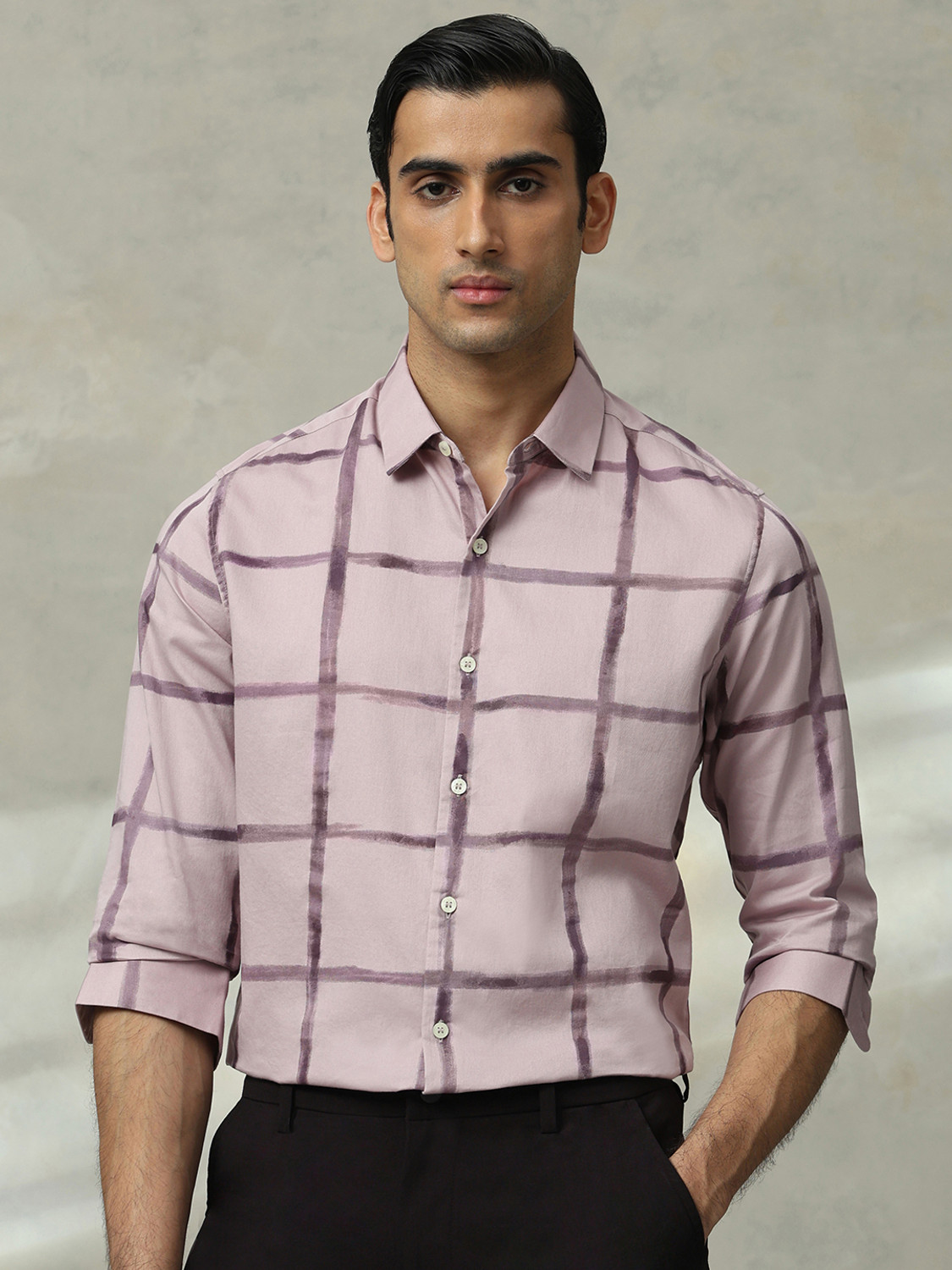 Image of MUFTI Men Checkered Casual Purple Shirt