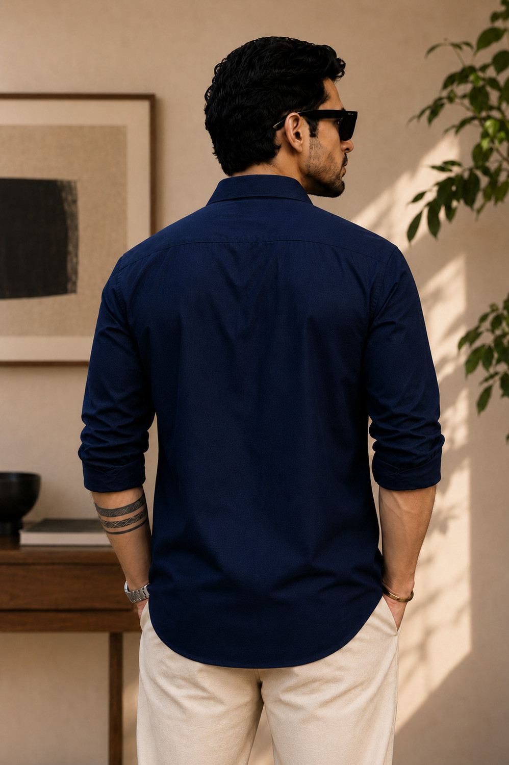 Image of BROCON Men Solid Casual Dark Blue Shirt