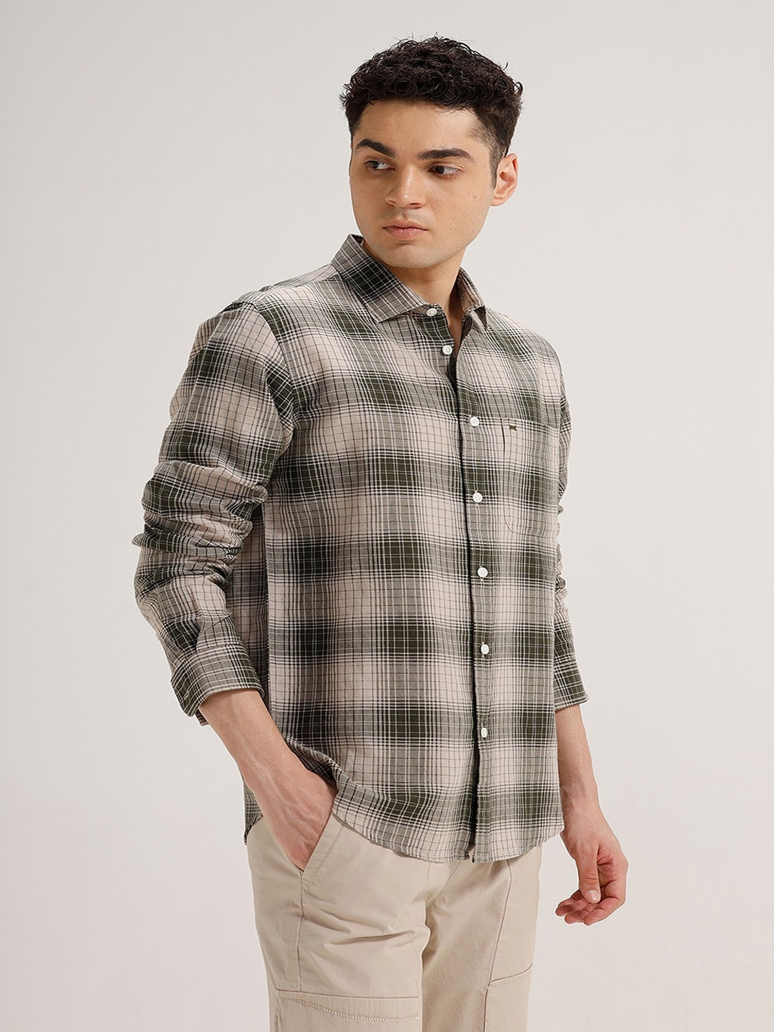 Image of BASICS Men Checkered Casual Green Shirt