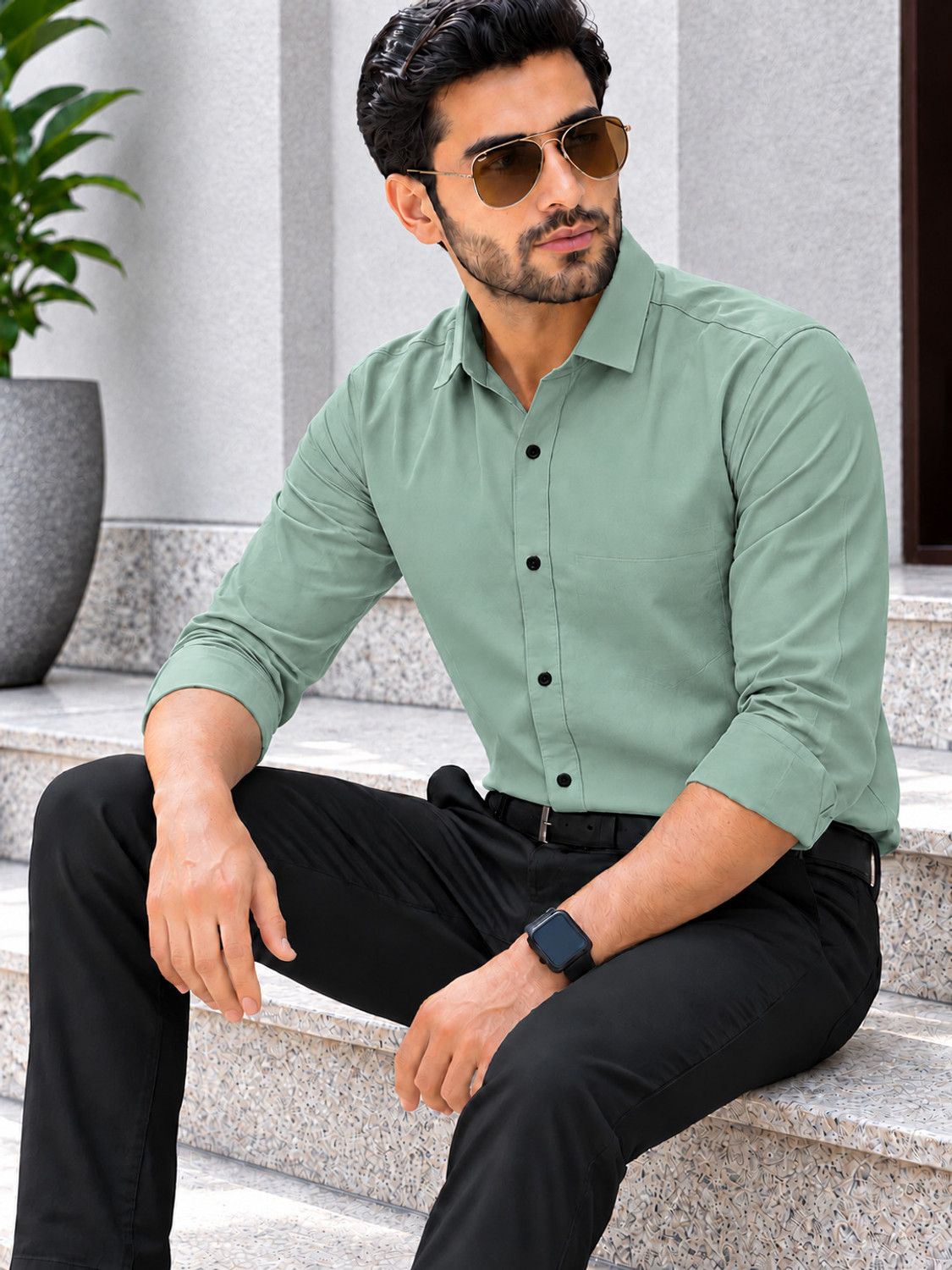 Image of HOYTOCHE Men Regular Fit Solid Spread Collar Formal Shirt